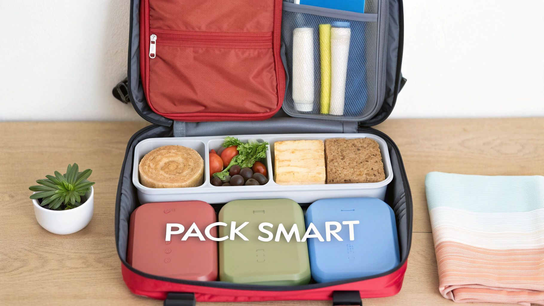 An open red lunch bag with multiple food containers filled with a meal and snacks.