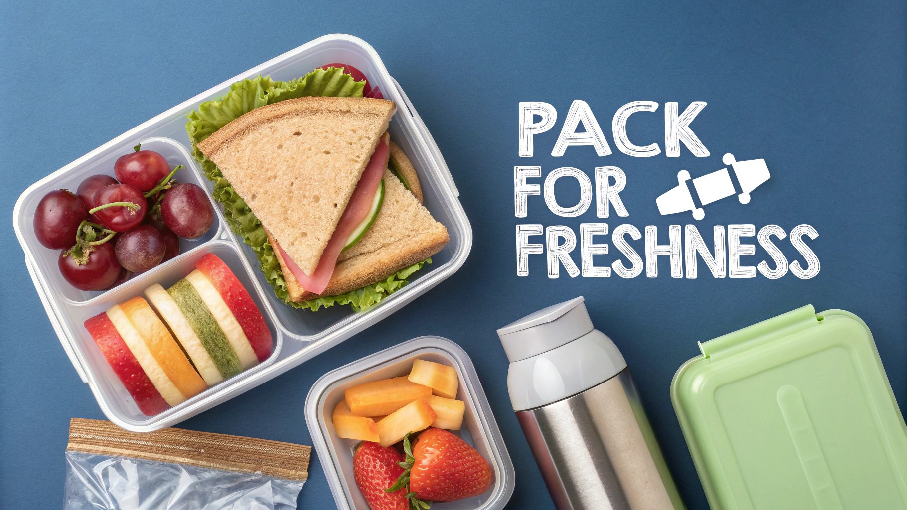 A healthy packed lunchbox with a sandwich, grapes, and sliced fruit, next to a water bottle.