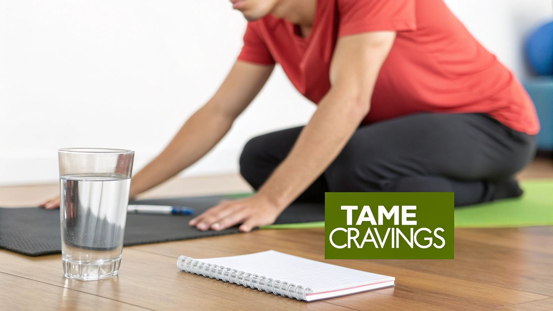 A person on a yoga mat with water and a notebook, promoting 'Tame Cravings' for a healthy lifestyle.
