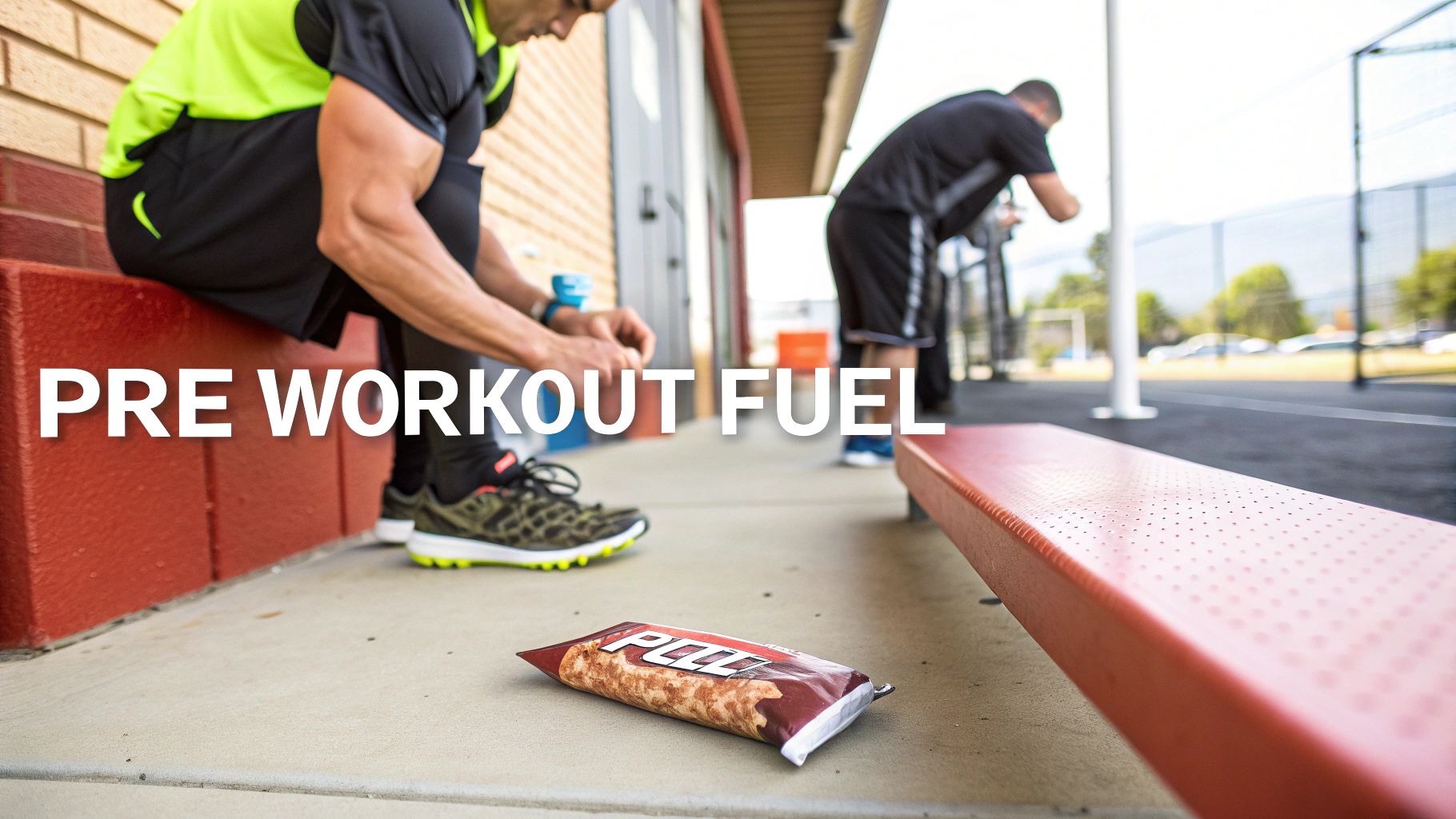 A man ties his shoelaces on a red bench next to a protein bar, preparing for a workout.