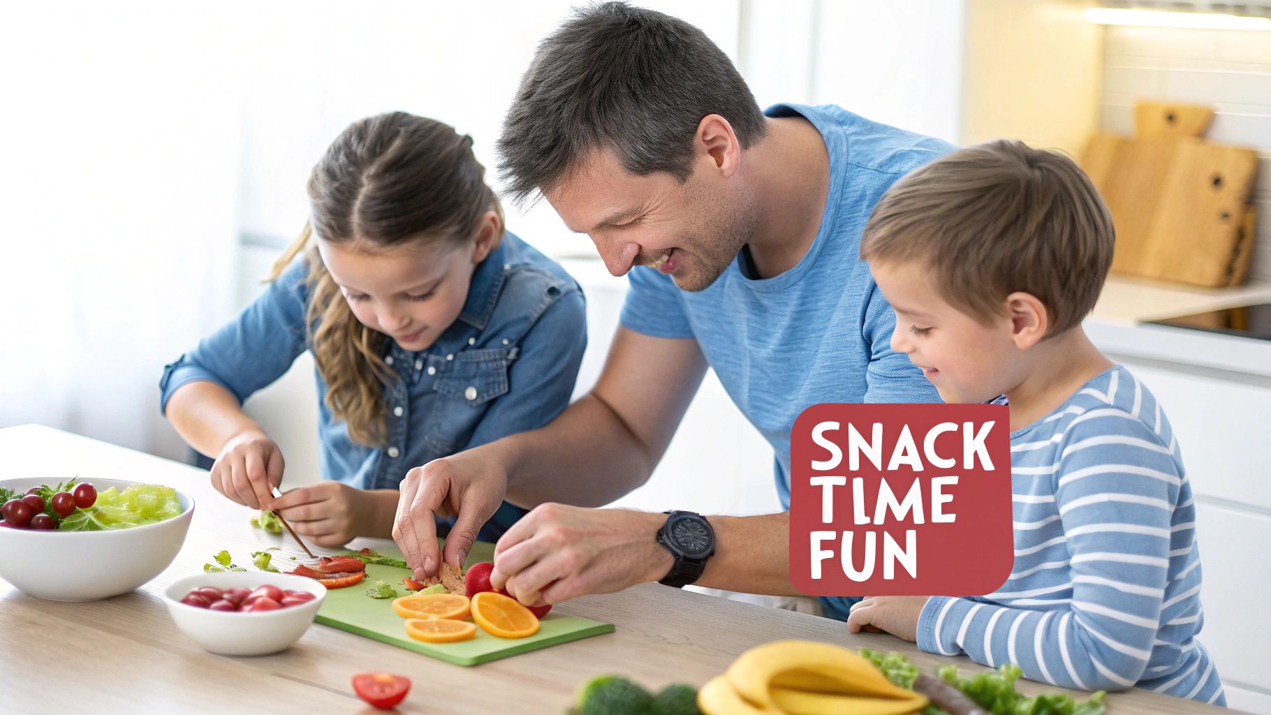 A smiling father and his two children happily prepare healthy fruit and vegetable snacks together in a bright kitchen.