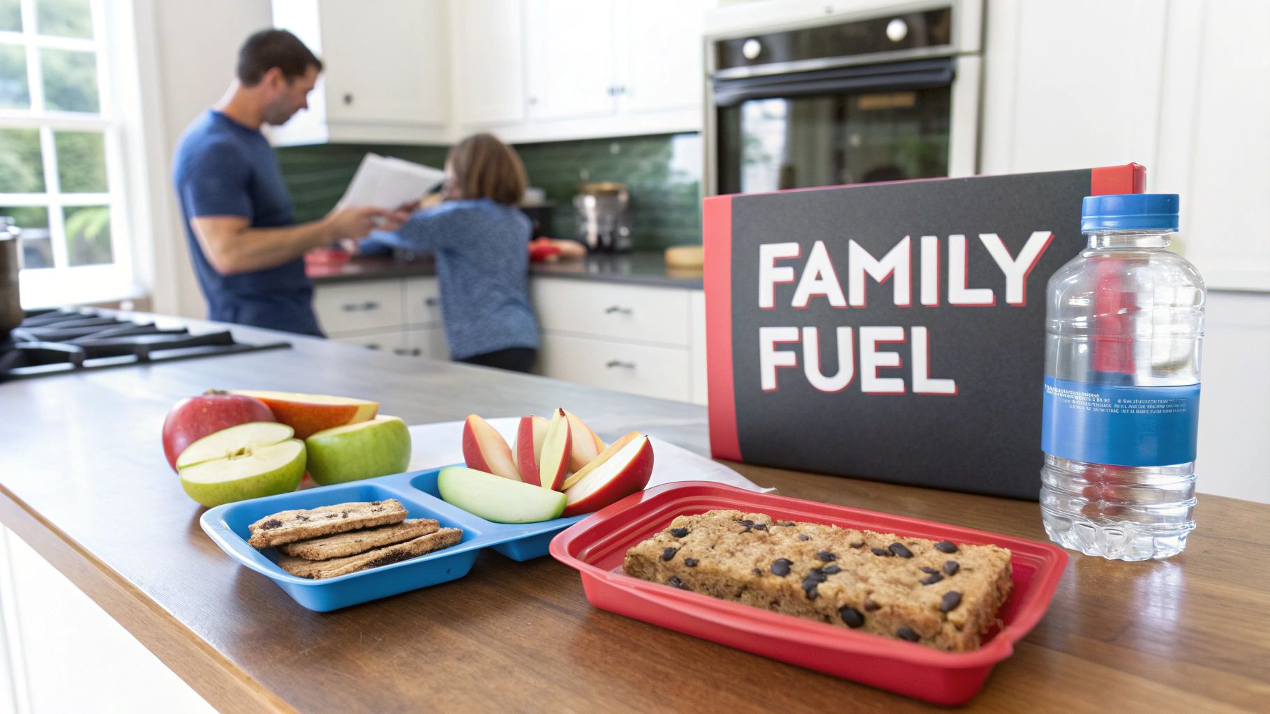 A kitchen counter displaying healthy snacks: oatmeal bar, apple slices, and cookies, next to a “FAMILY FUEL” box and water bottle.