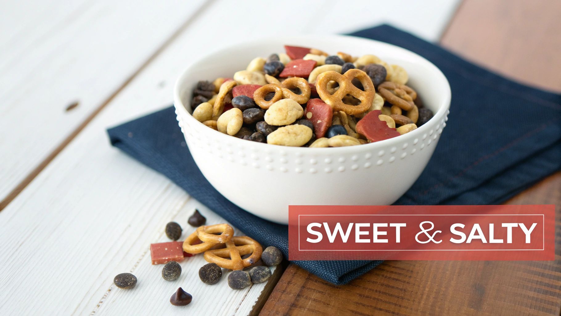 Sweet and salty kids trail mix with pretzels, chocolate chips, and dried fruit in white bowl
