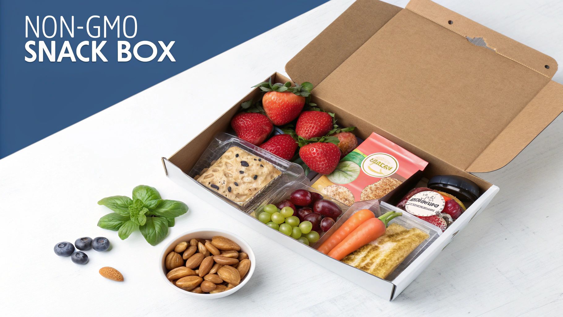 A non-GMO snack box filled with fresh strawberries, grapes, carrots, blueberries, crackers, and almonds.