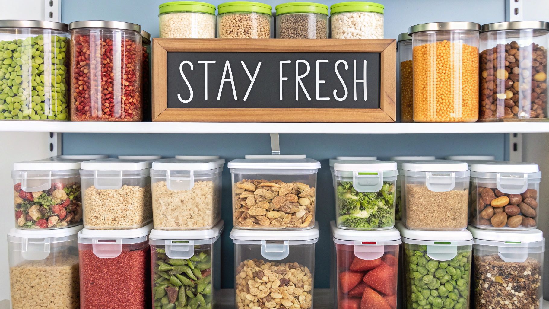Well-organized pantry shelves with clear jars of nuts, seeds, and dried fruits.