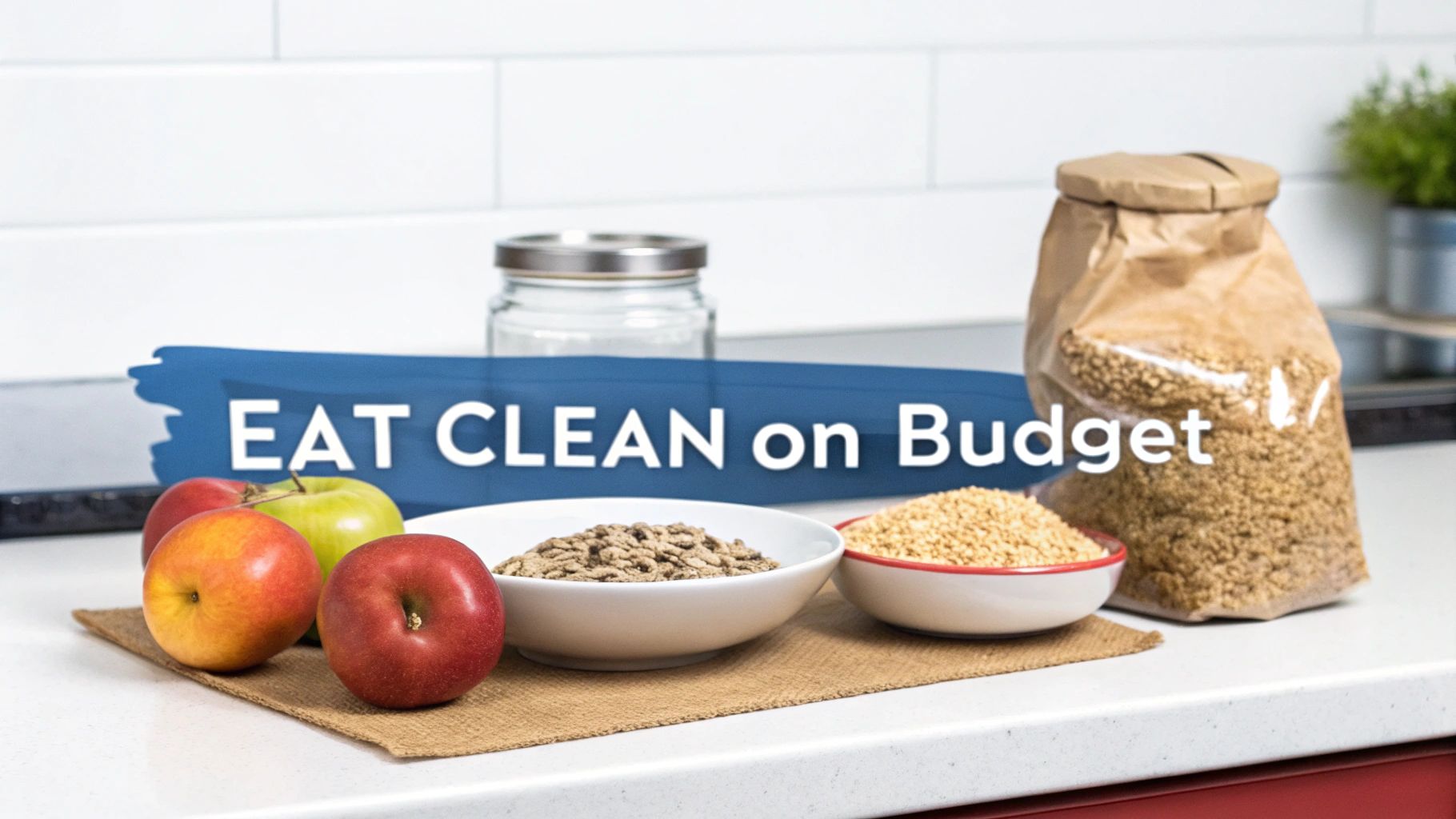 Healthy food items like apples and grains on a counter, with an 'EAT CLEAN on Budget' banner.