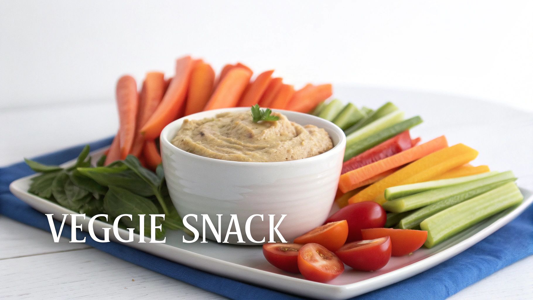 A vibrant platter of fresh cut vegetables including carrots, cucumbers, bell peppers, spinach, and cherry tomatoes with a creamy dip.