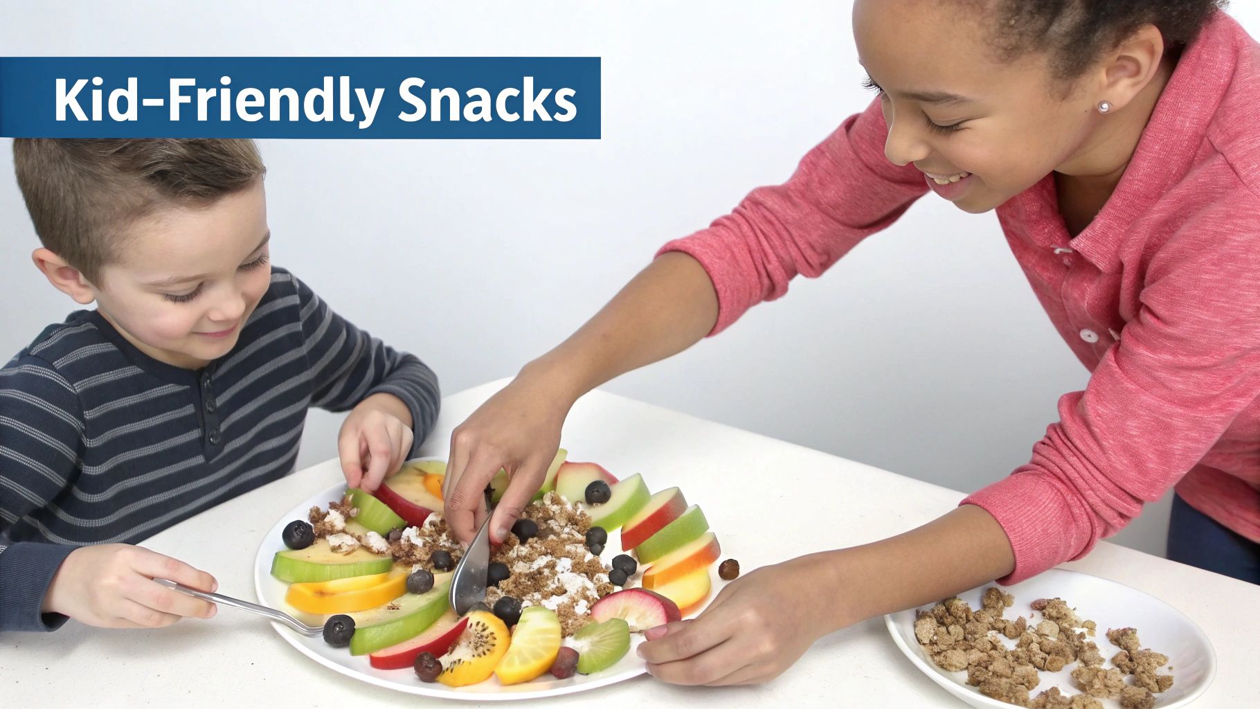 Smiling children assemble a colorful plate of sliced fruits, blueberries, and granola for a healthy snack.