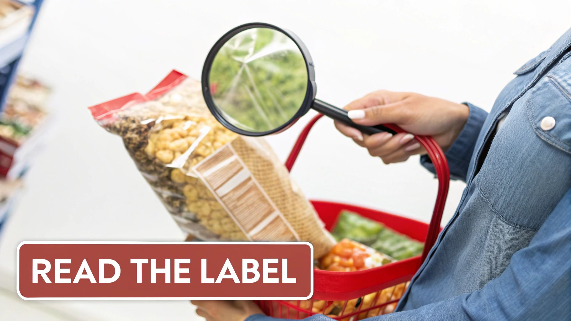A shopper uses a magnifying glass to read a food label on a packaged item in a red basket.