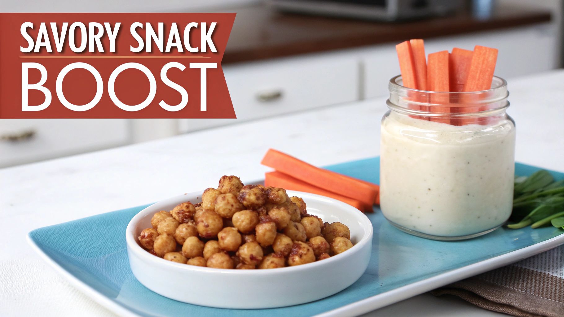 A savory snack boost featuring roasted chickpeas, carrot sticks, and creamy dip on a blue tray.