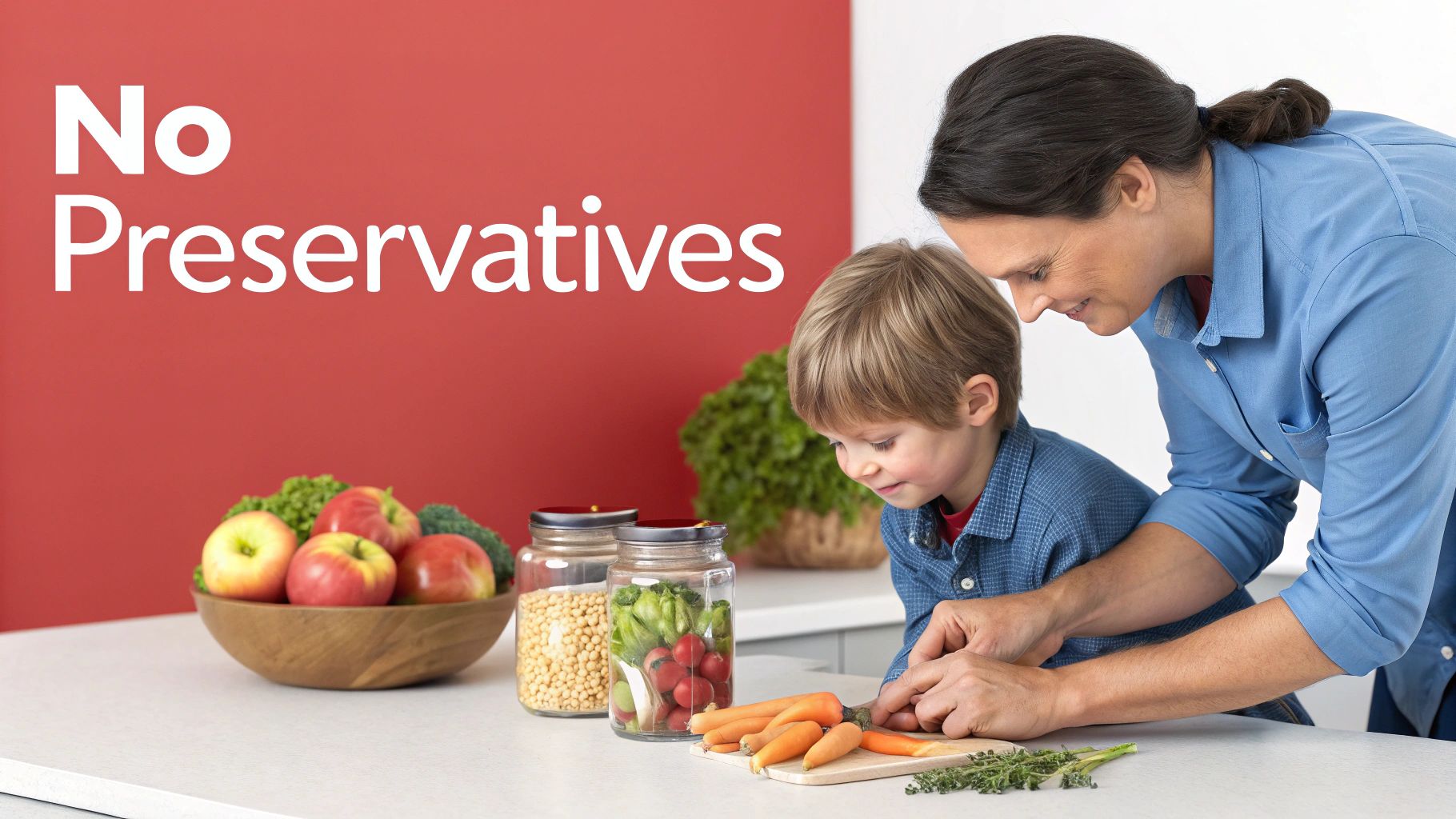 A woman and child preparing fresh vegetables in a kitchen, emphasizing natural food with no preservatives.