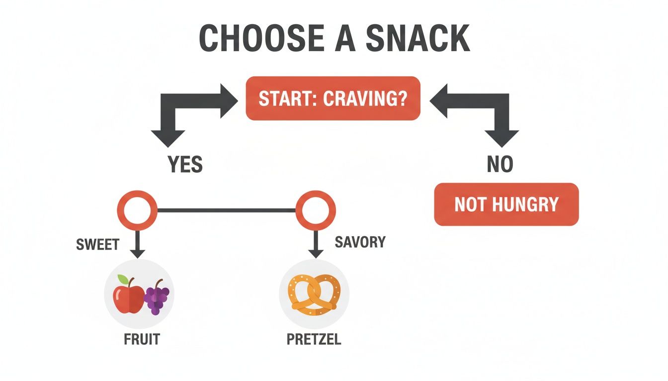 Flowchart showing snack decision based on craving: Yes to sweet (fruit) or savory (pretzel); No to 'Not Hungry'.