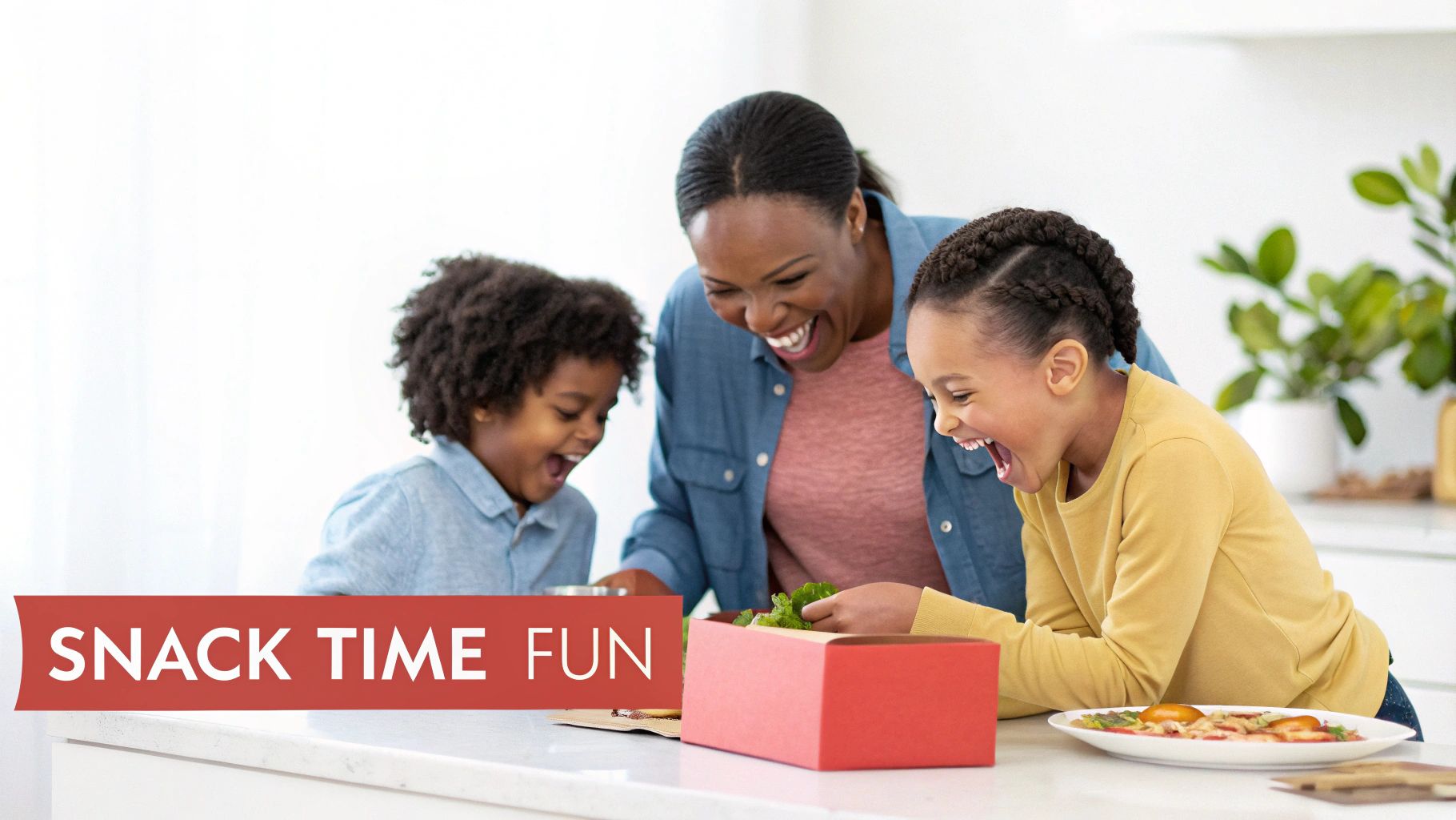 Joyful mother and two children laughing while preparing healthy snacks.