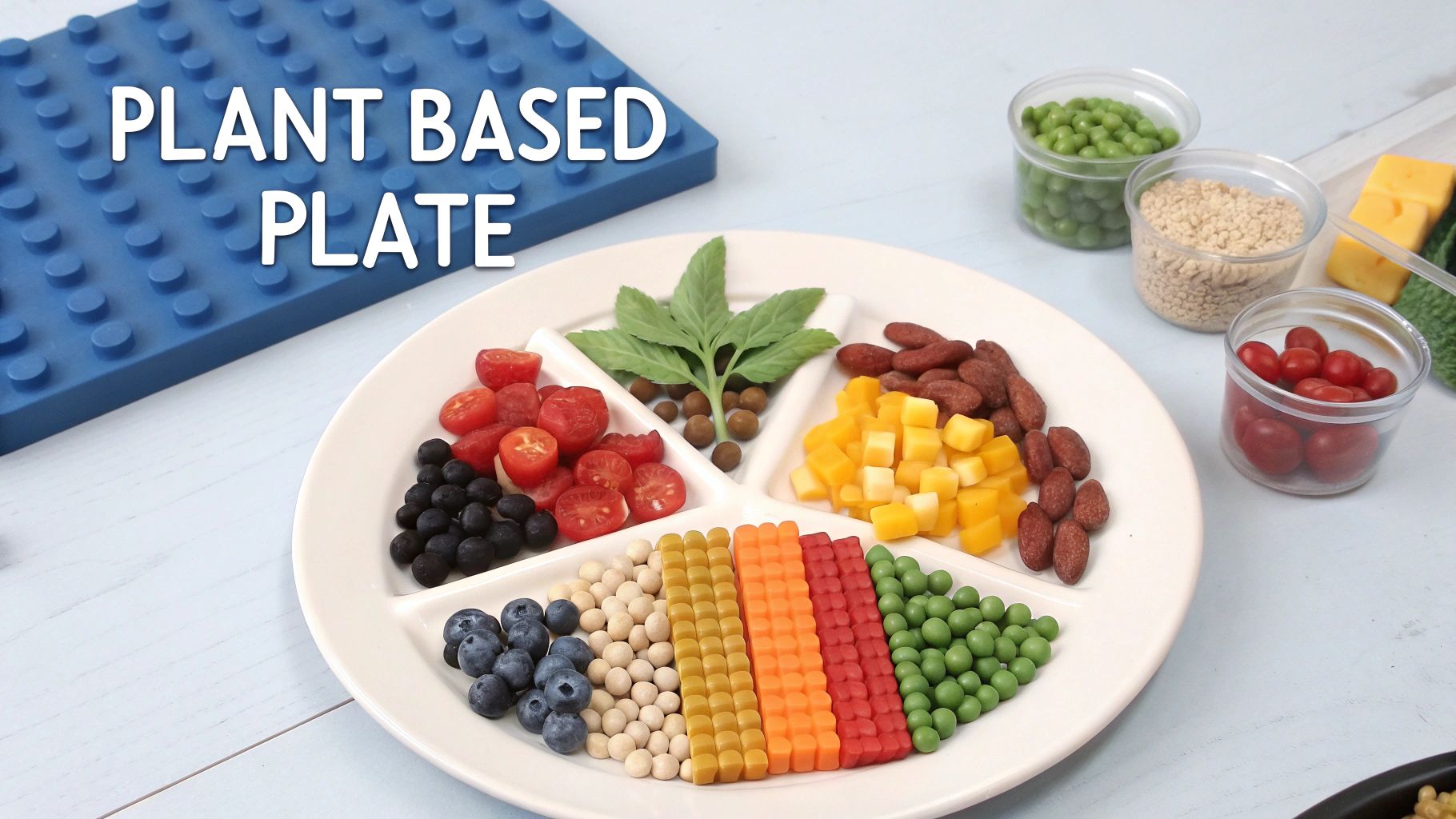 A beautiful and colorful plant-based meal in a bowl, featuring a variety of fresh vegetables, grains, and legumes.