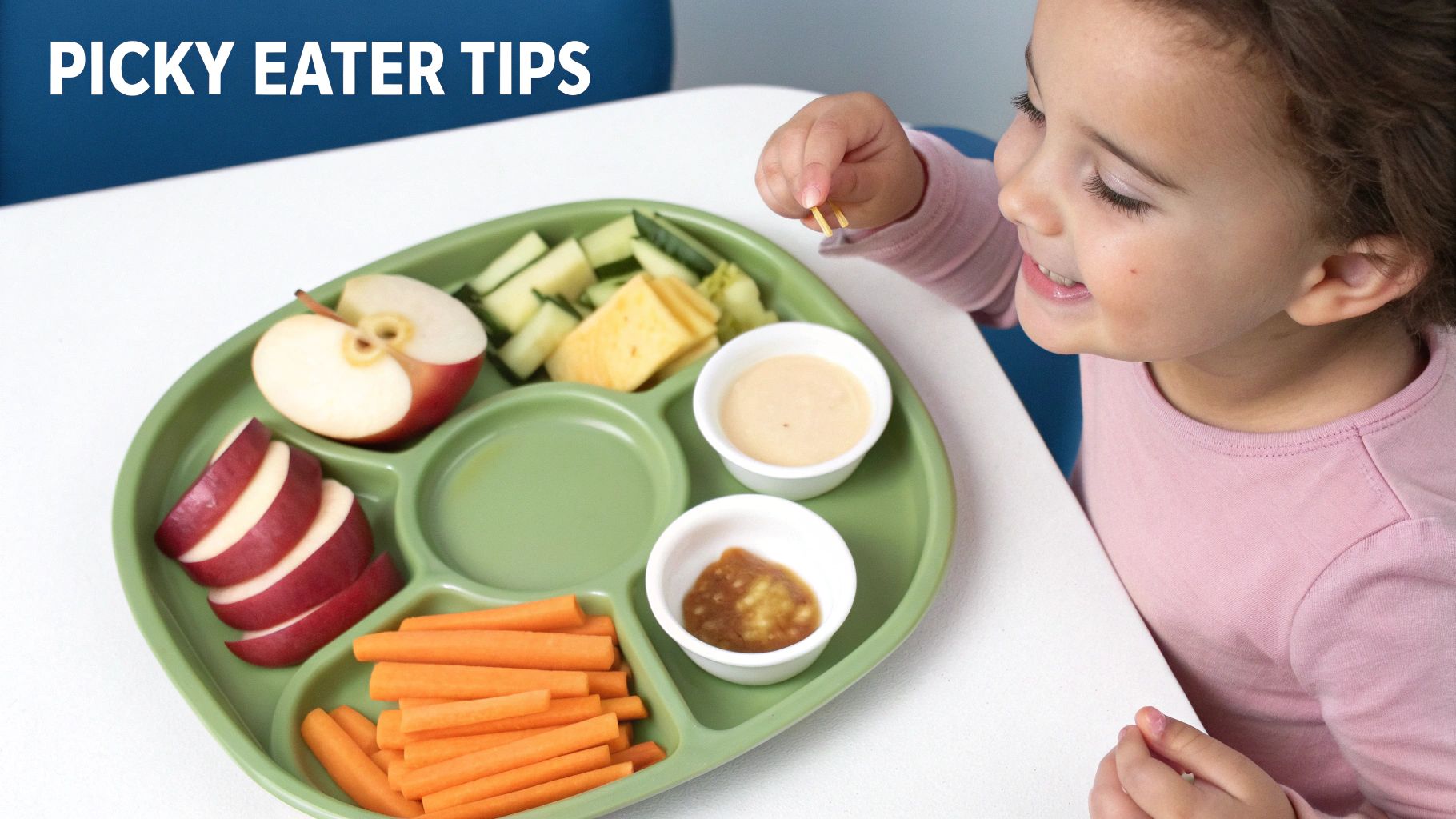 Young girl eating healthy snacks from colorful divided plate with fruits vegetables and dips