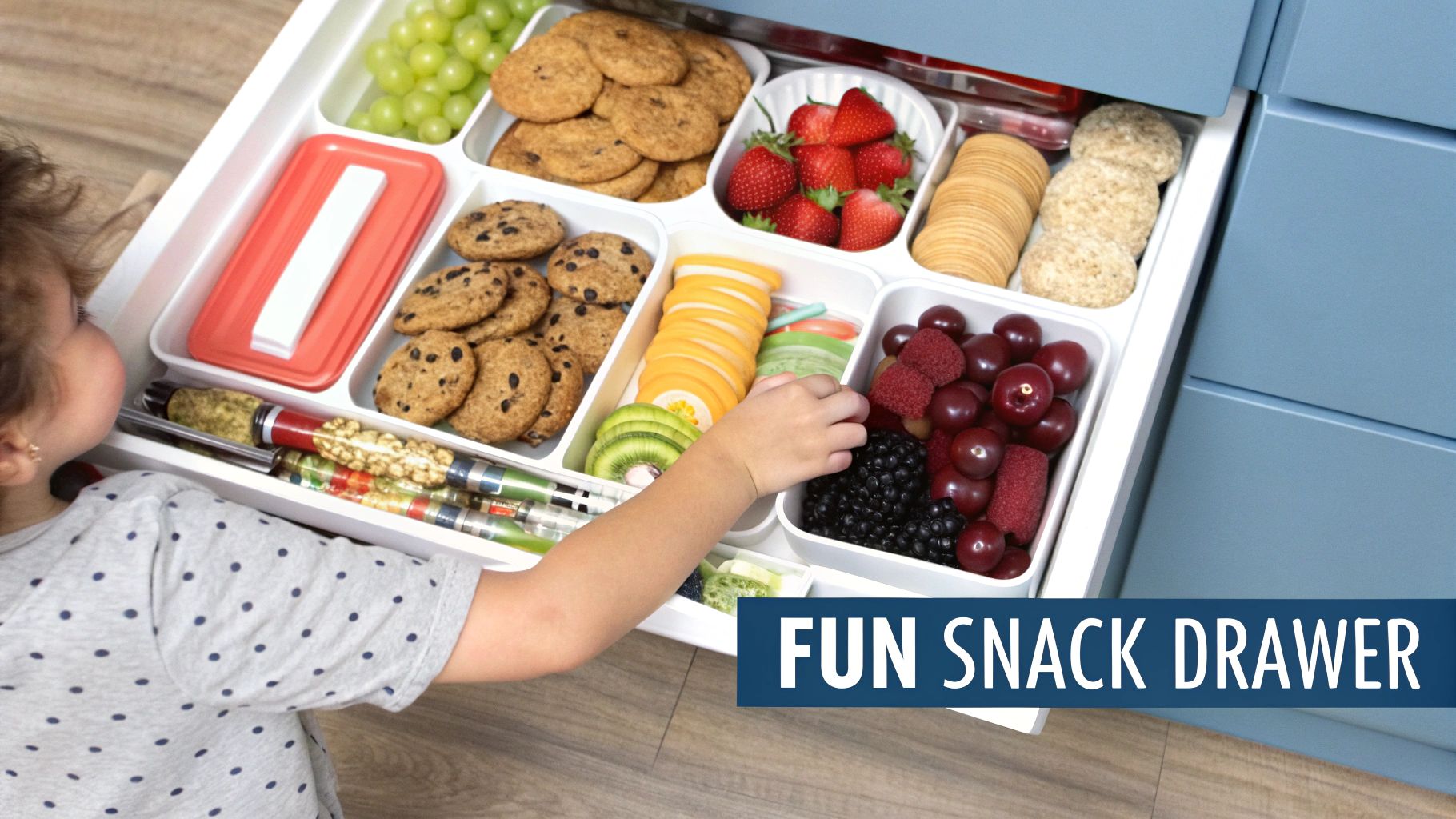 A child's hand reaches for fruit in an organized snack drawer with various healthy foods and treats.