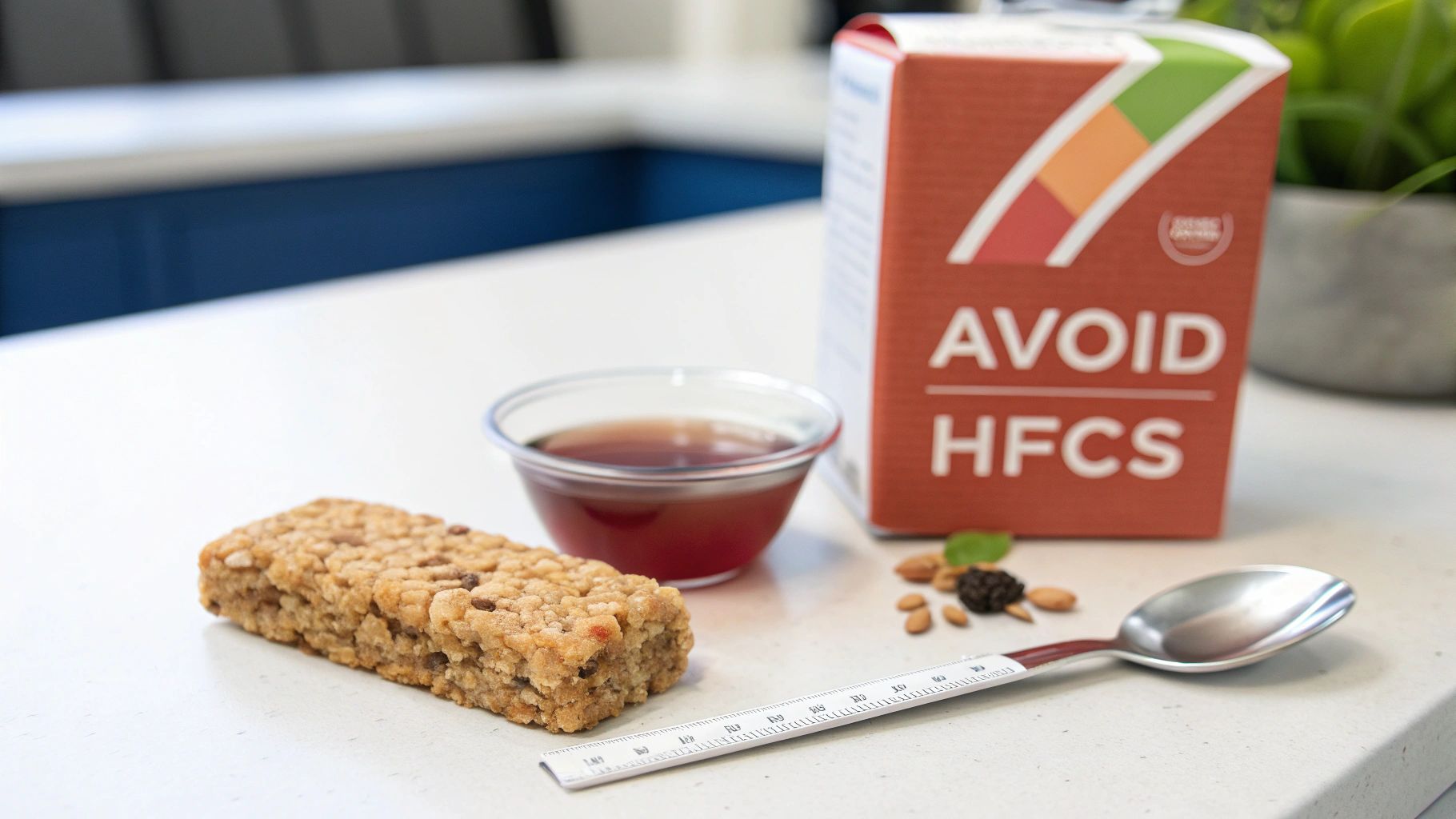 A granola bar, nuts, a drink, and a carton with 'AVOID HFCS' promoting healthier food choices.