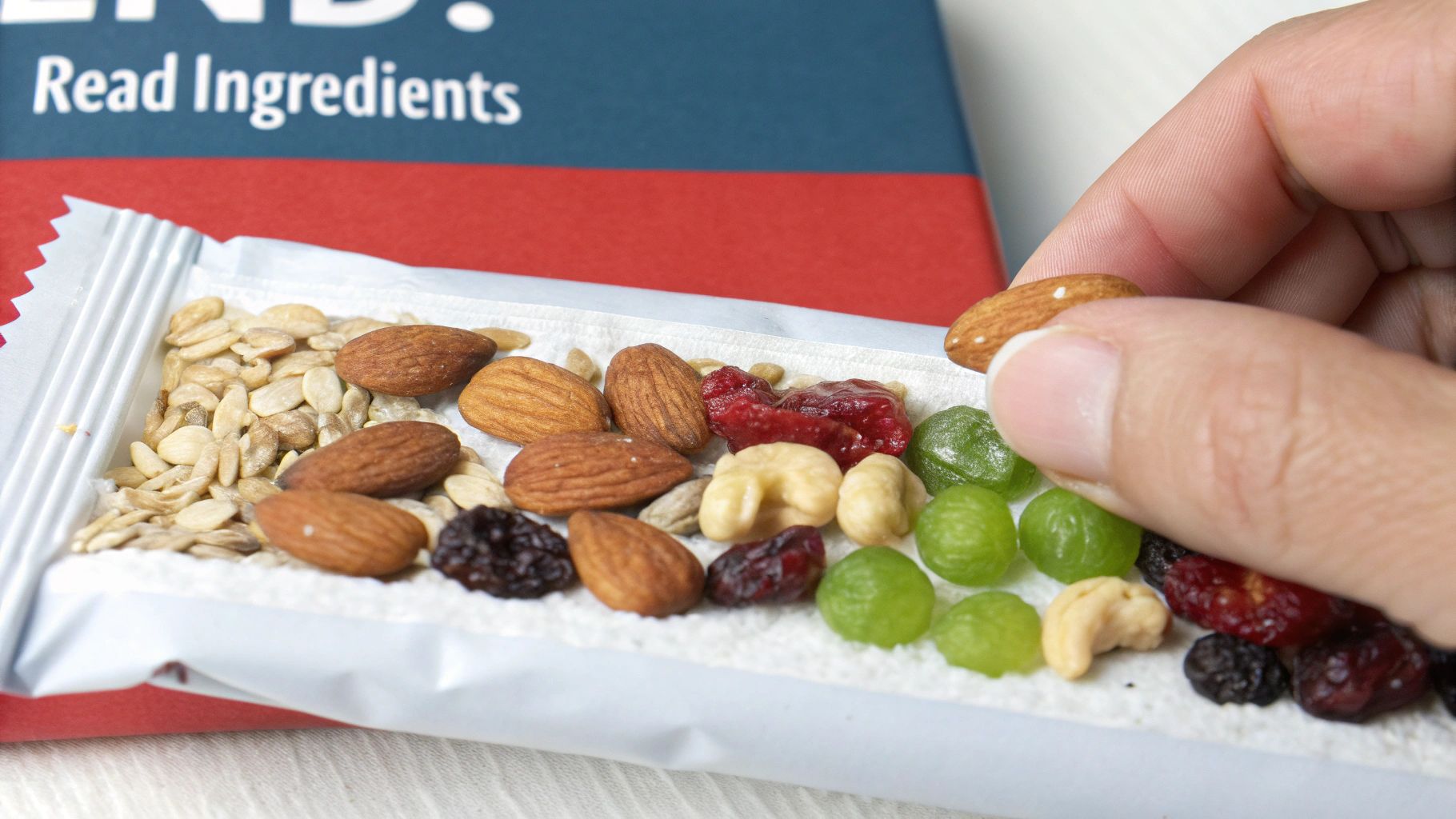 A hand picks an almond from an open nutrition bar filled with nuts, seeds, and dried fruit.