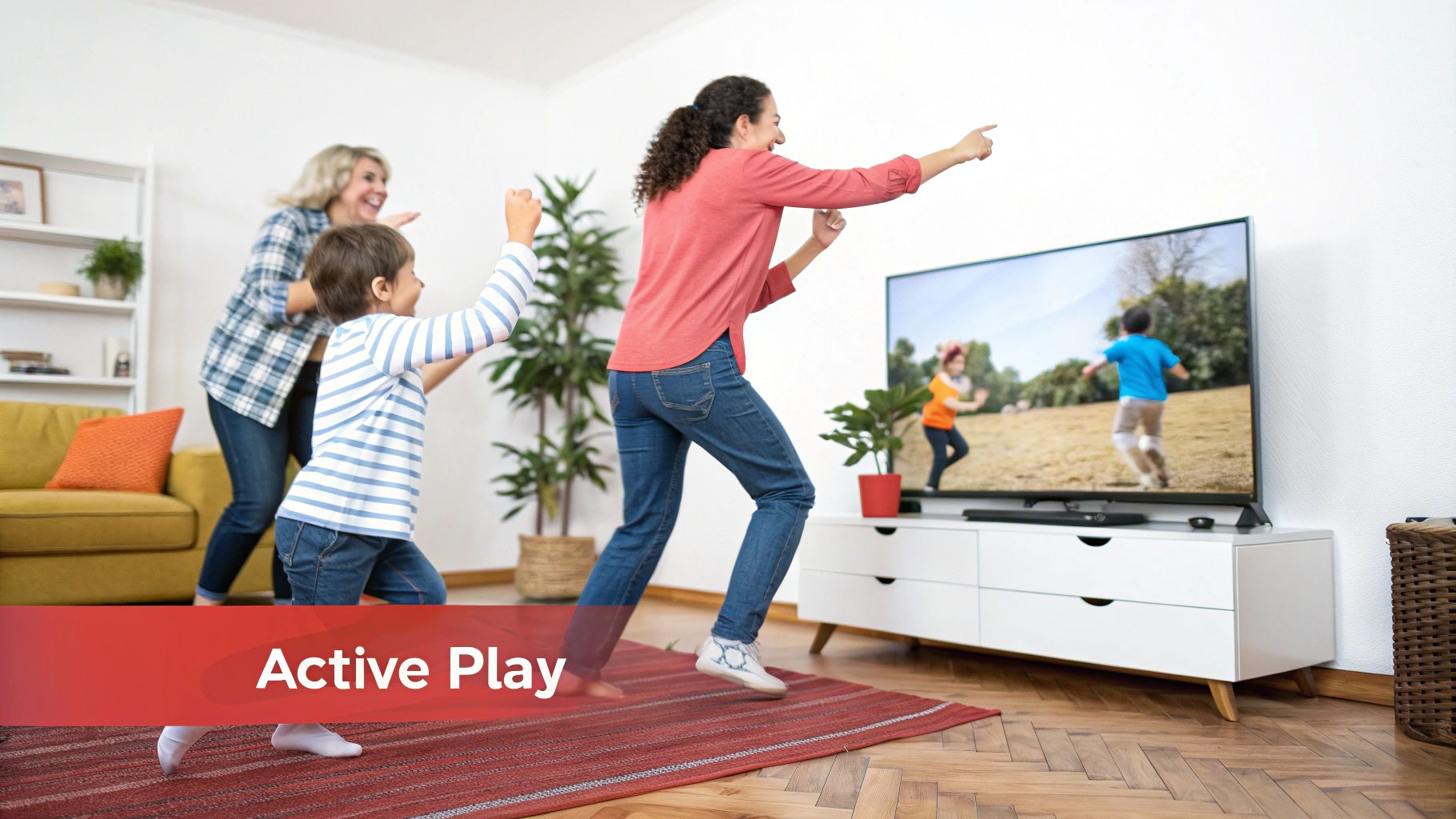 A boy and two women energetically play an interactive video game, promoting active family fun indoors.
