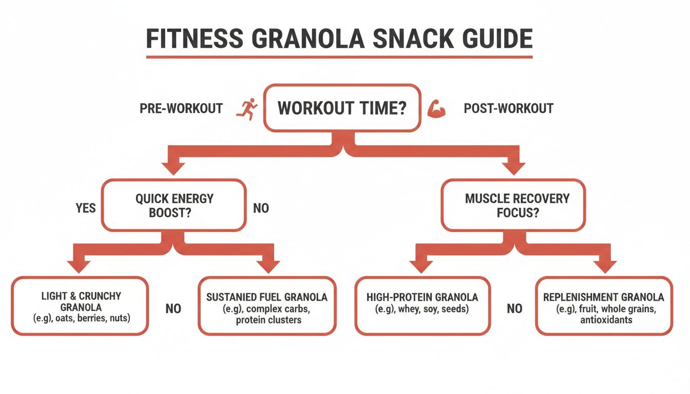 Flowchart guiding granola snack choices for pre-workout energy, sustained fuel, post-workout recovery, and replenishment.
