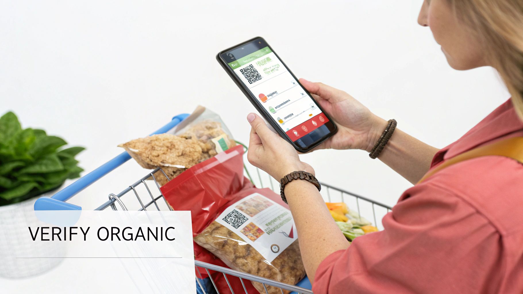A person's hand holding an apple with a USDA Organic seal, with a grocery store aisle in the background.