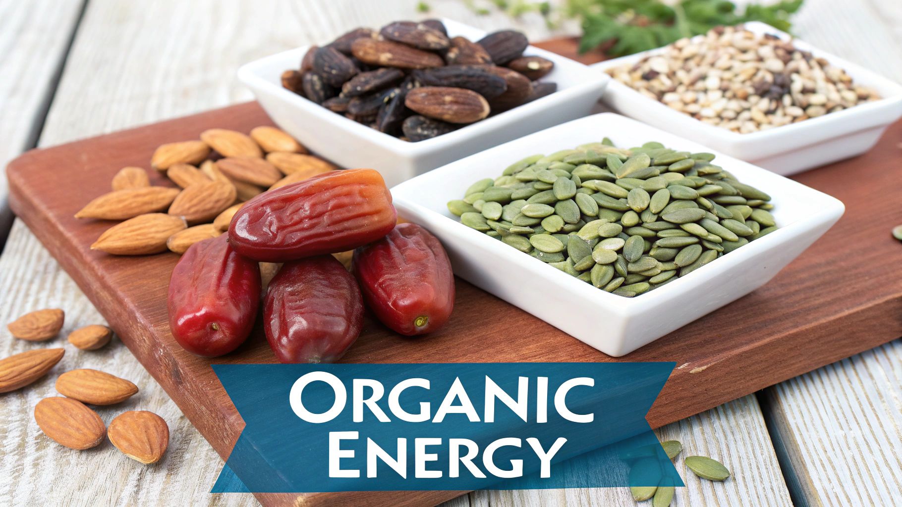 A vibrant image showcasing organic dates, sunflower seeds, and other plant-based ingredients surrounding a Skout Organic snack bar.