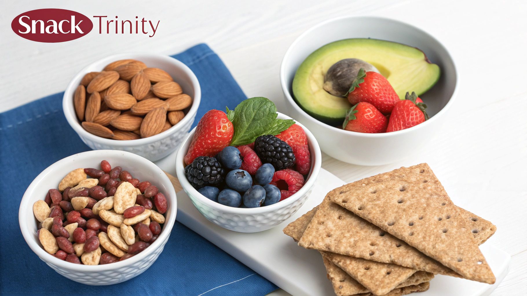 A selection of healthy snacks, including nuts, fresh berries, avocado, and whole-grain crackers.