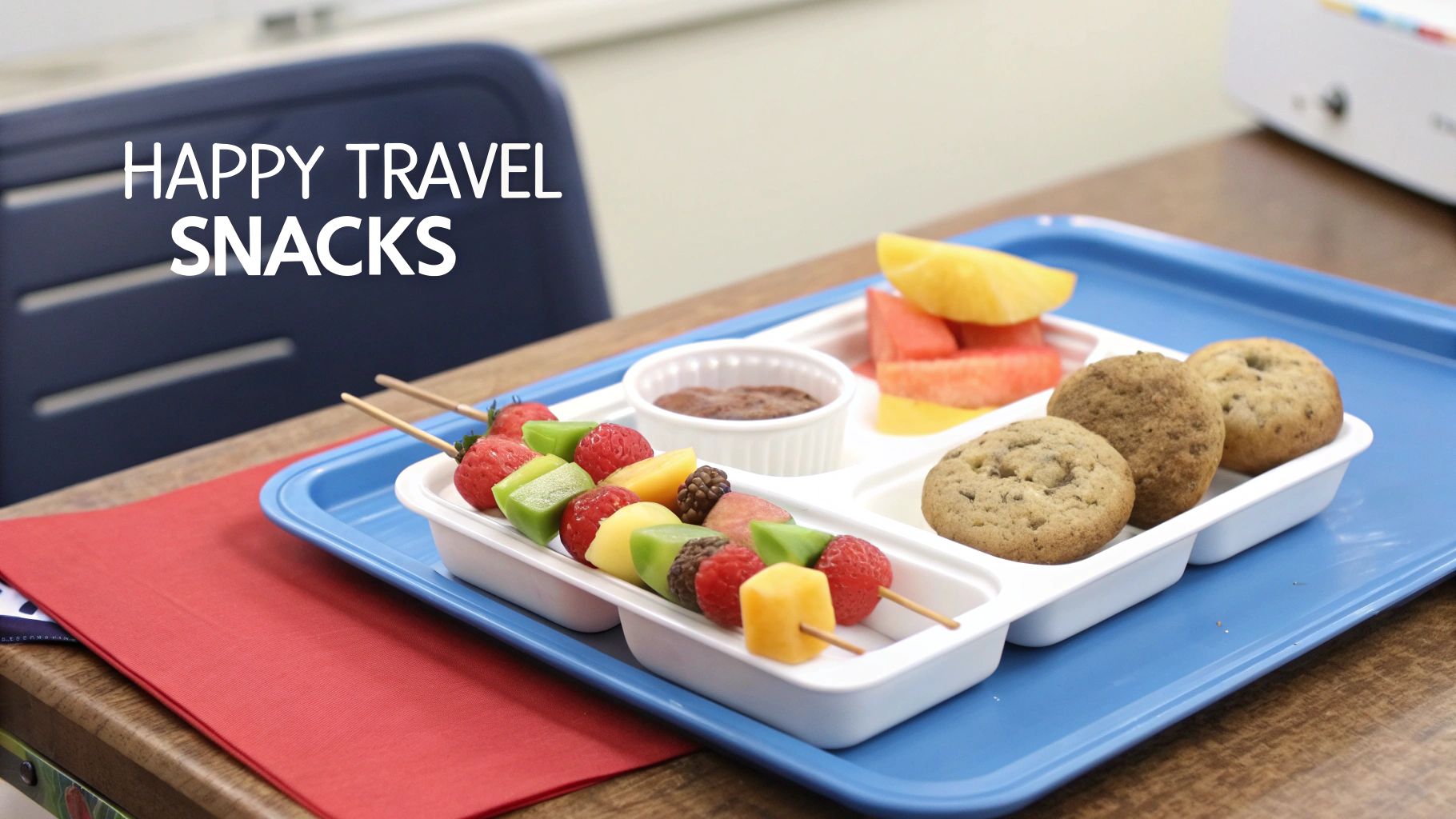 A blue tray holds a white segmented container with colorful fruit skewers, sliced fruit, cookies, and a dip, labeled 'HAPPY TRAVEL SNACKS'.
