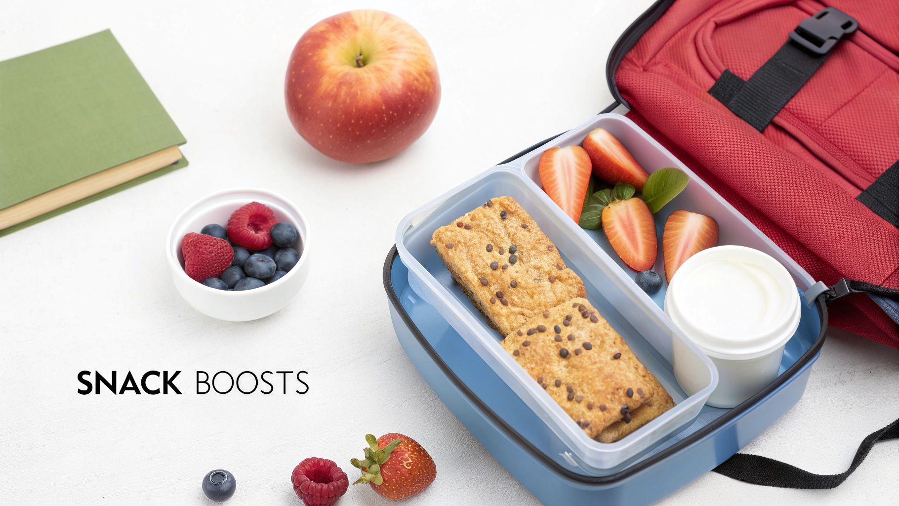 A colorful array of healthy snacks including a lunchbox with fruit, yogurt, and snack bars, alongside fresh berries and an apple.