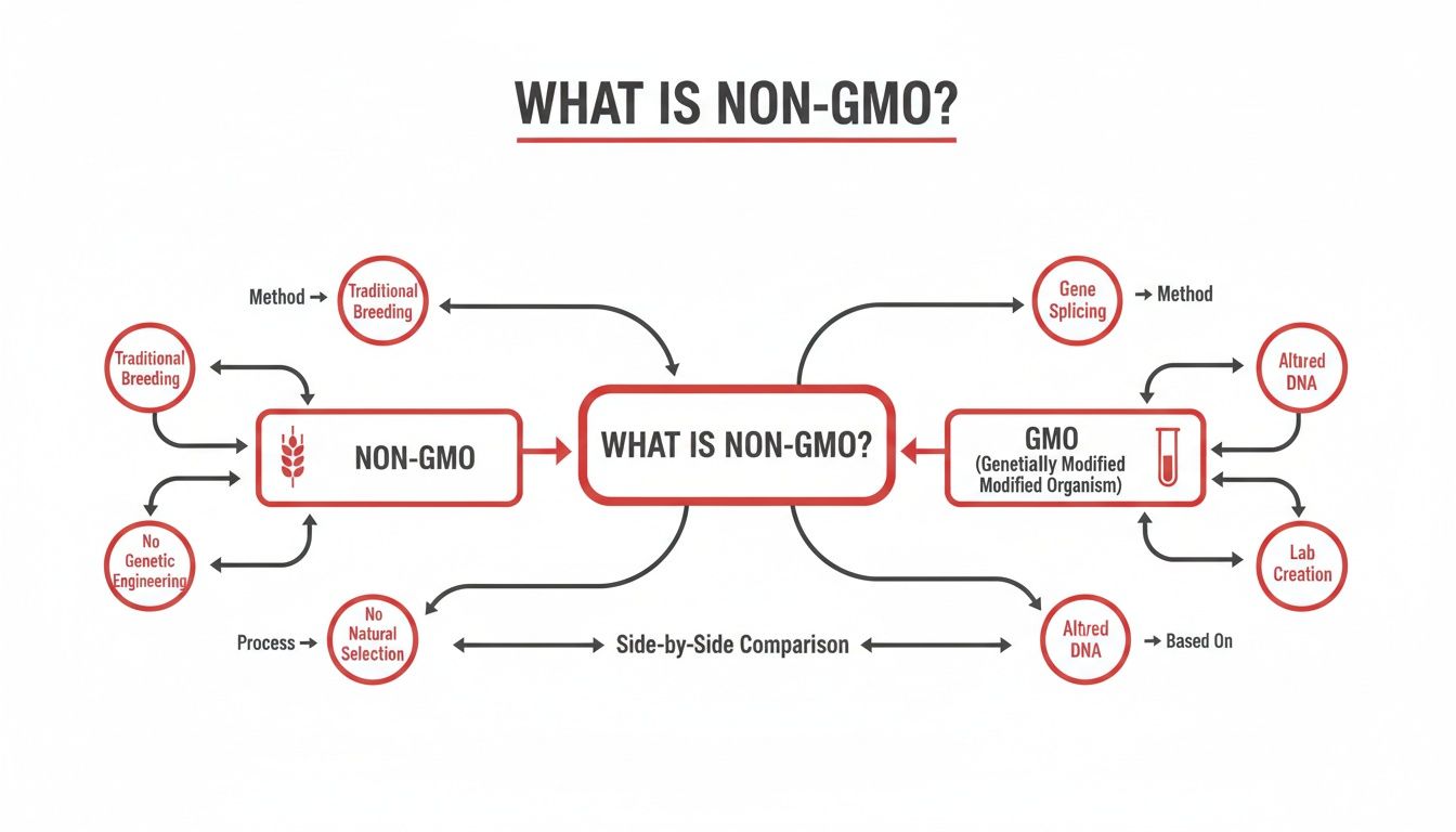 Flowchart comparing non-GMO and GMO concepts, detailing methods like traditional breeding, gene splicing, and altered DNA.