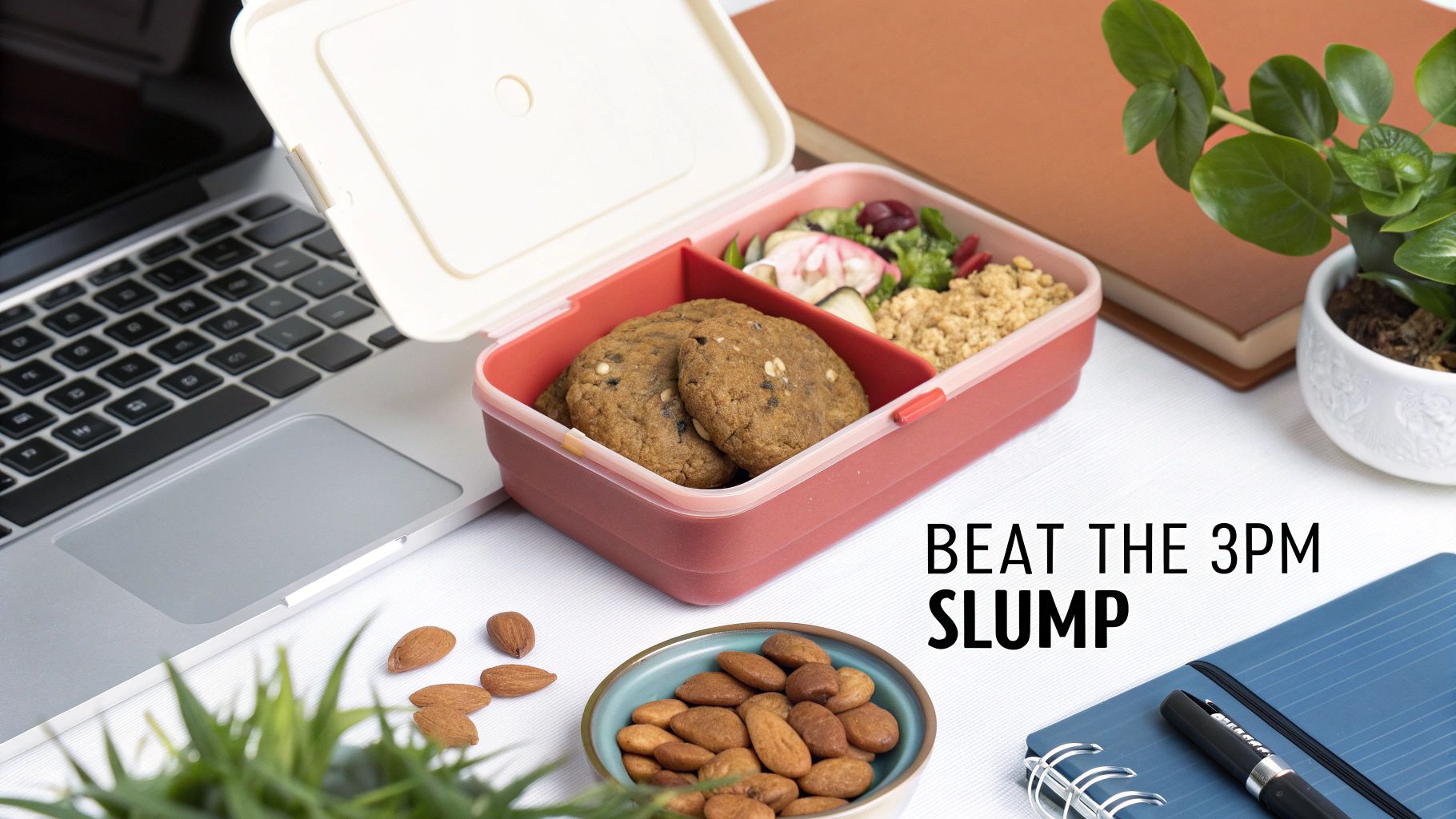A healthy lunchbox with cookies, salad, and a bowl of almonds on a white office desk next to a laptop.