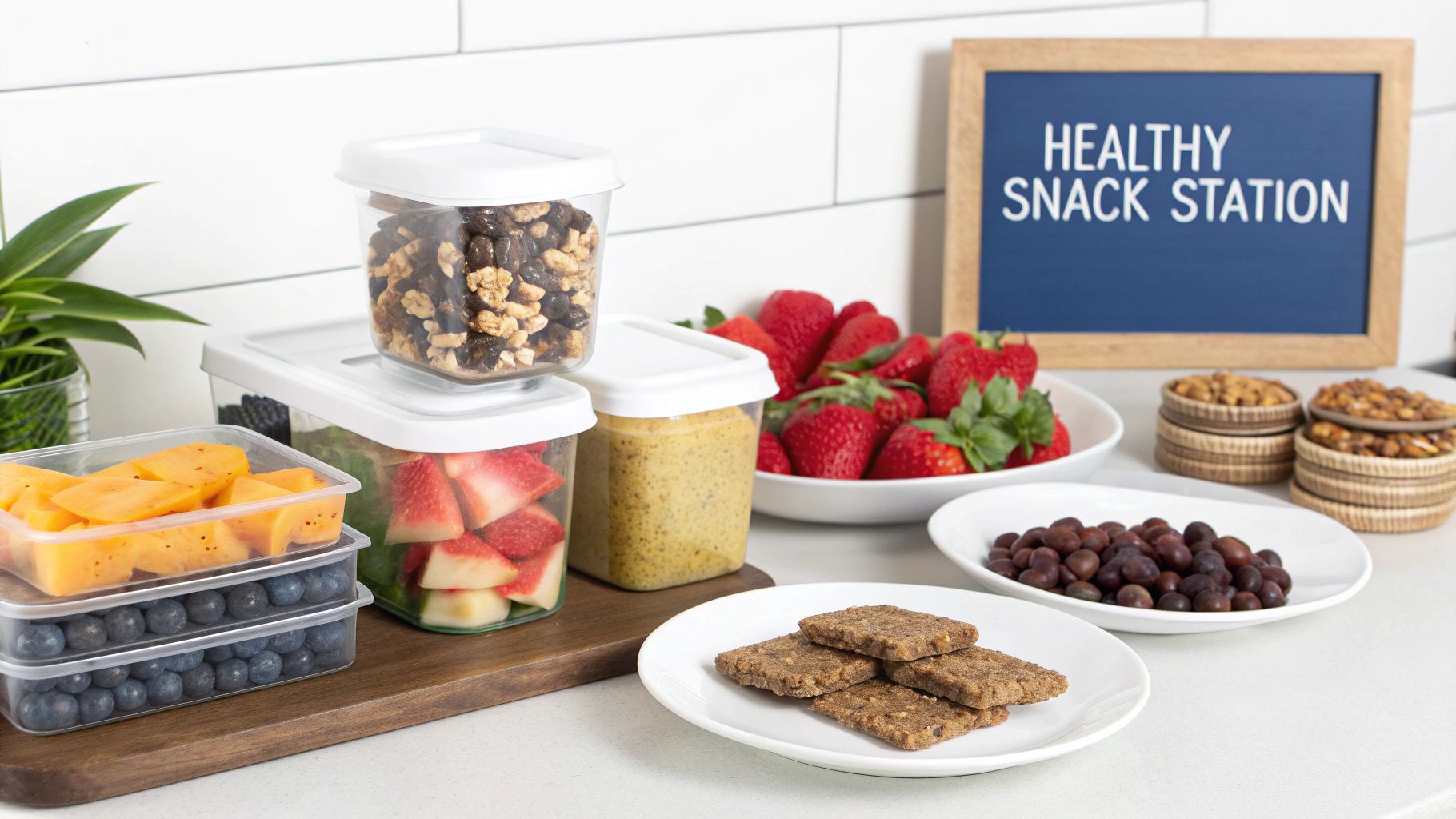 A healthy snack station with fresh fruits, nuts, and crackers for a gluten and dairy free eating plan.