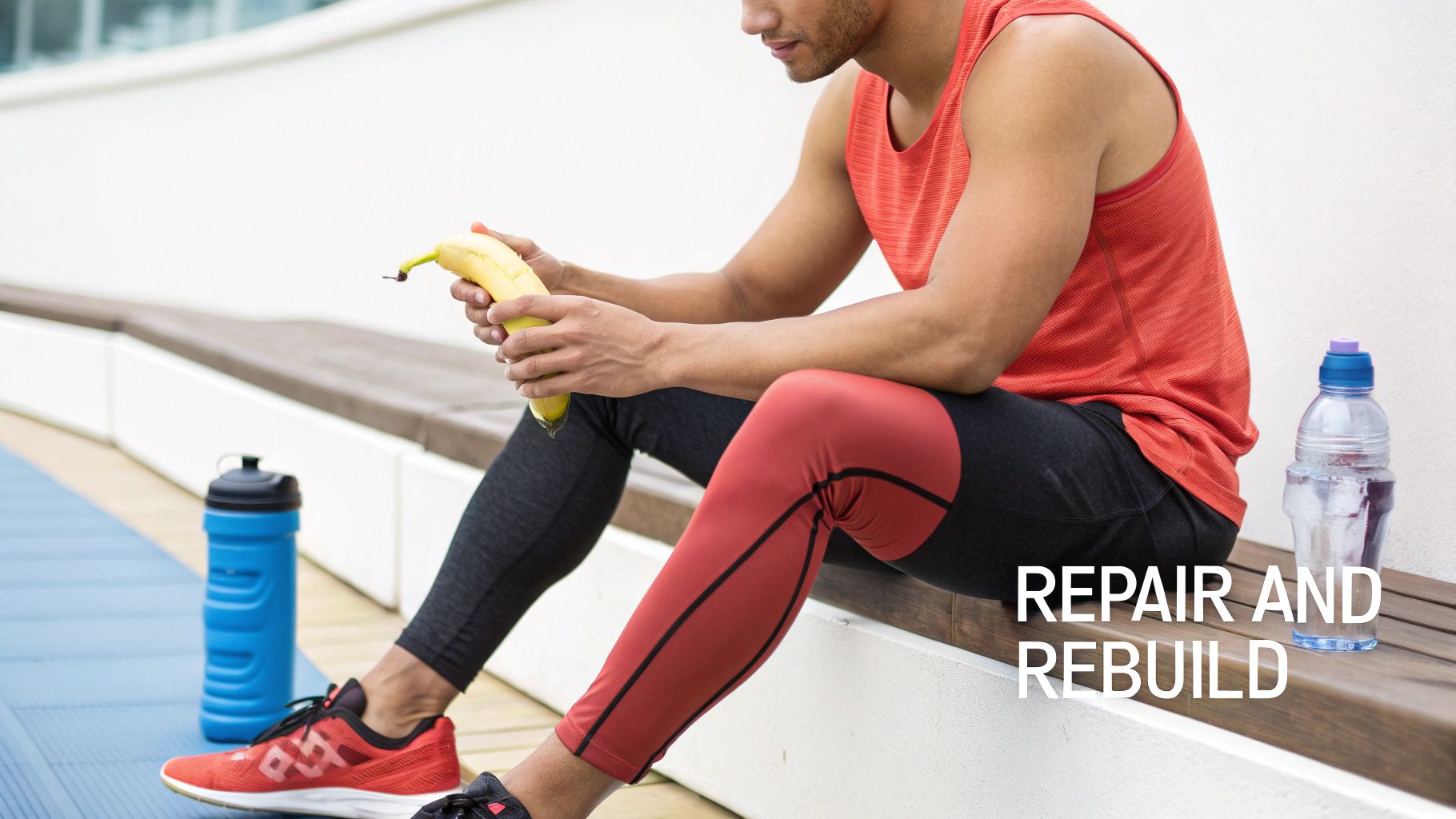A man in athletic wear sits on a bench, holding a banana, with water bottles nearby.