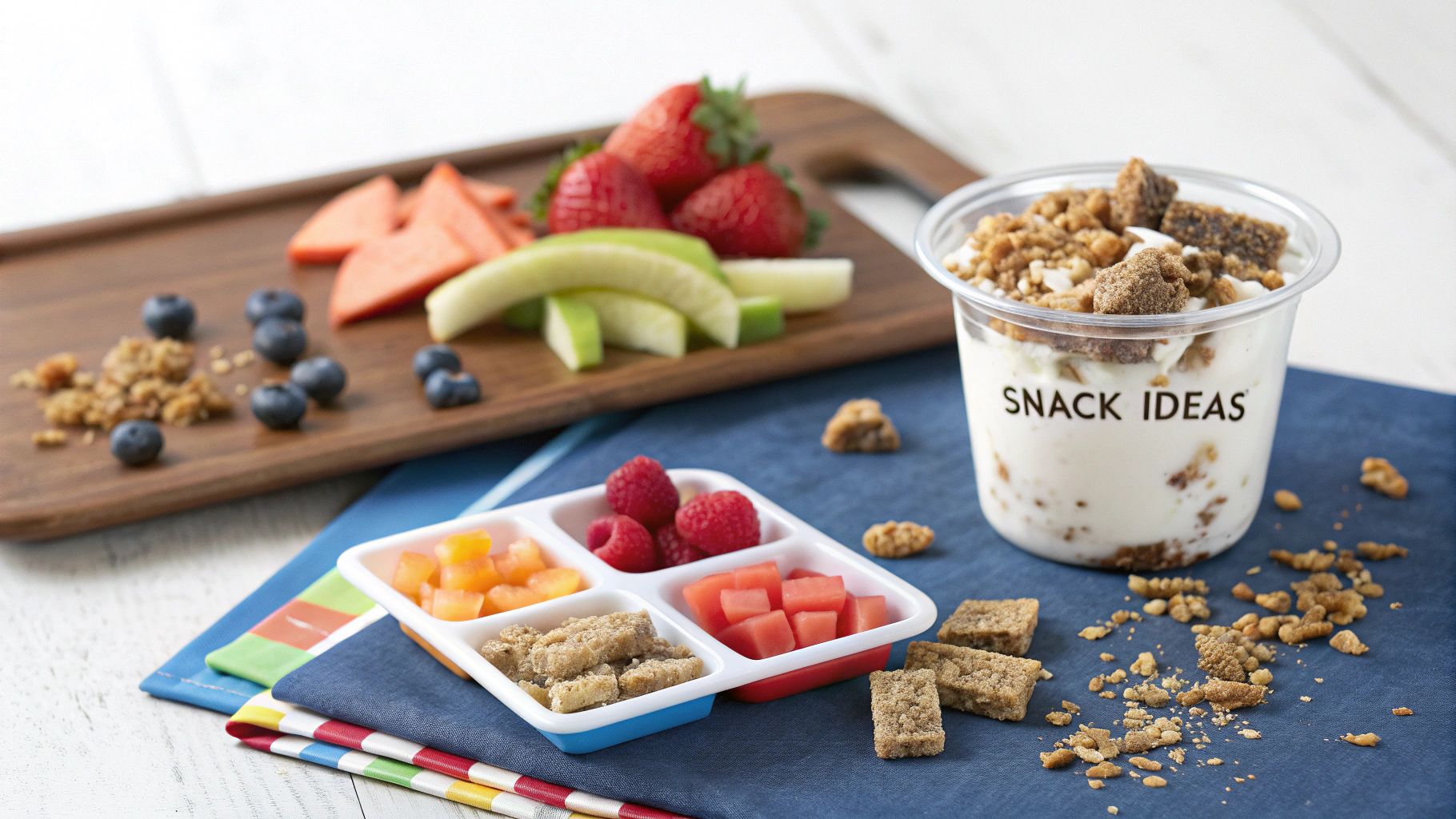 A vibrant display of healthy snack ideas featuring fresh fruits, yogurt parfait, and high-fiber snack bars.