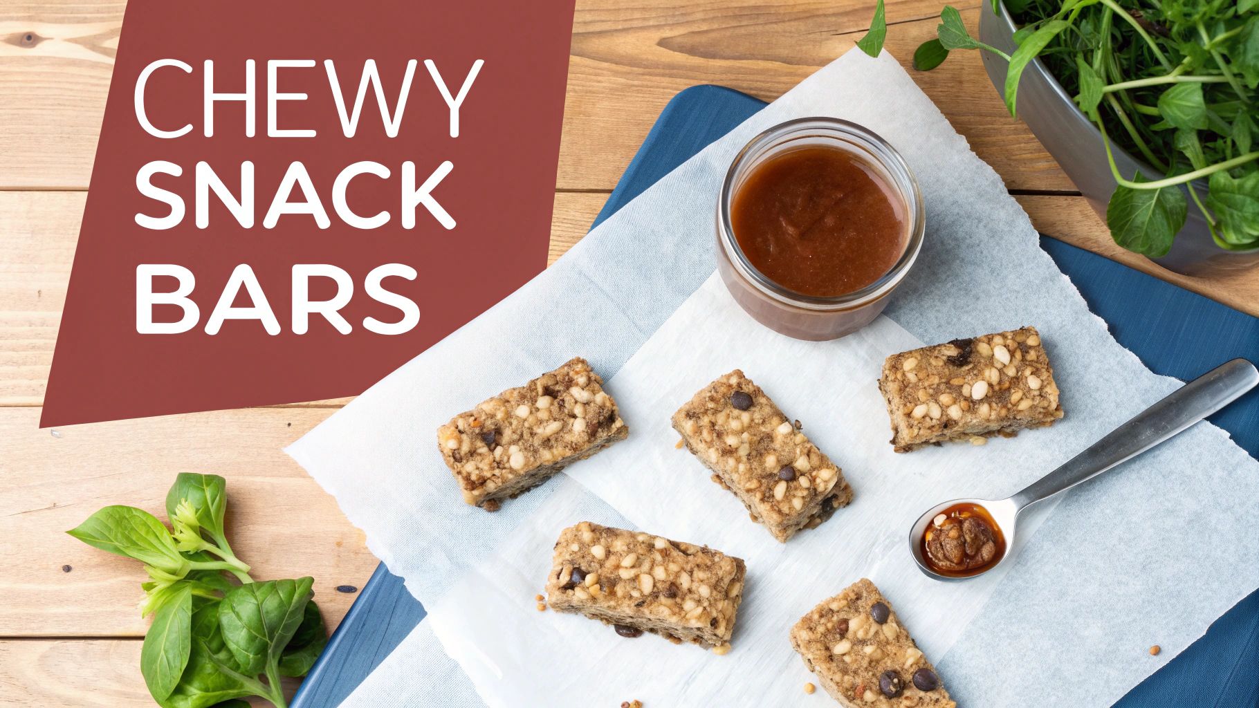 Homemade chewy snack bars with nuts and chocolate chips, served with a jar of brown rice syrup.