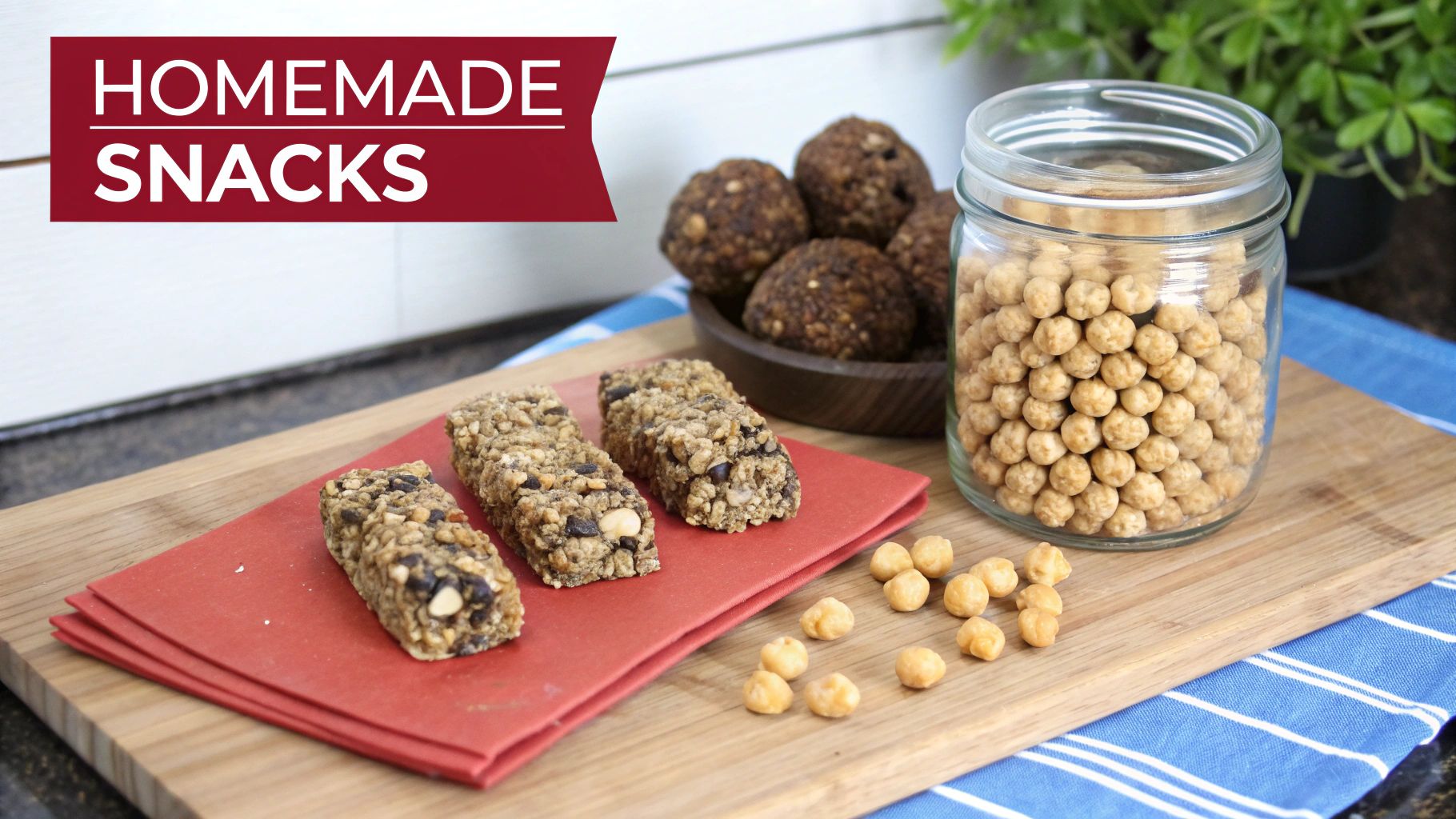 A variety of healthy homemade snacks including granola bars, energy balls, and crispy chickpeas.