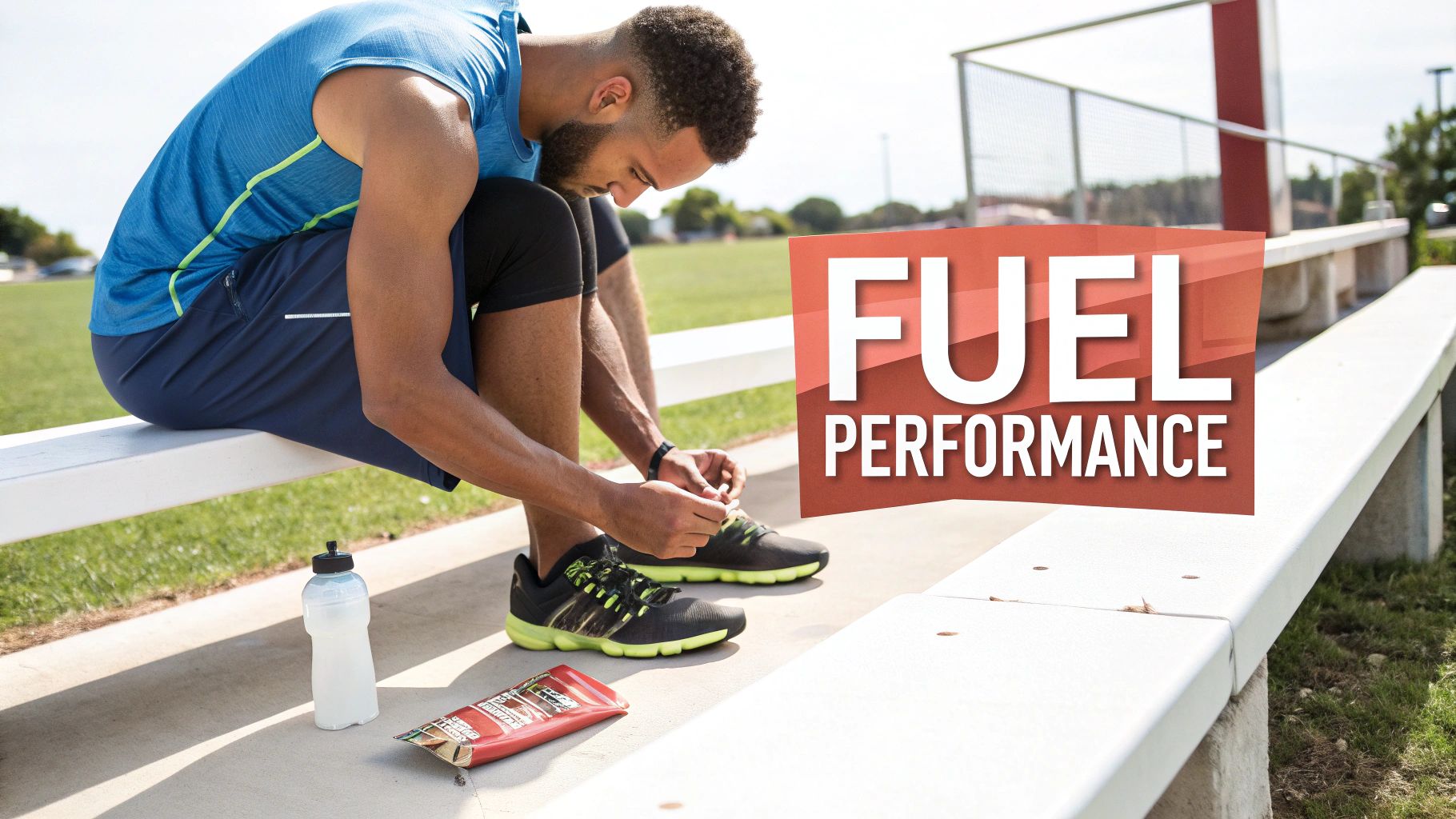 A male athlete tying his running shoes on a bench with a water bottle and energy bar nearby, ready for performance.