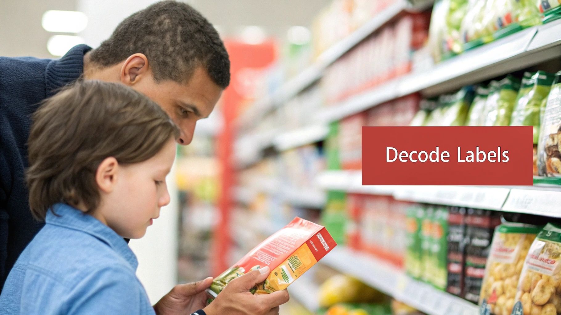 A father and child reading a food label together in a grocery store aisle.