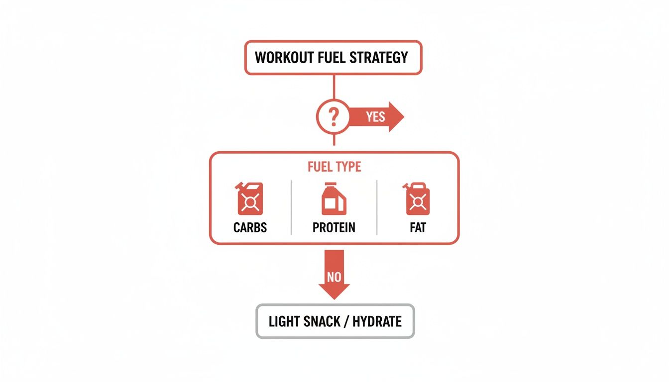 Flowchart illustrating workout fuel strategy, guiding choices between carbs, protein, fat, or a light snack.