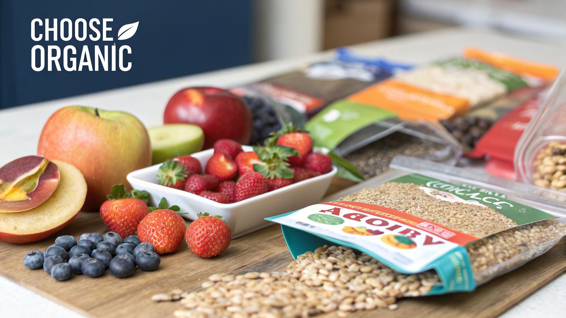 A mother and child happily selecting organic snacks from a box on a kitchen counter.