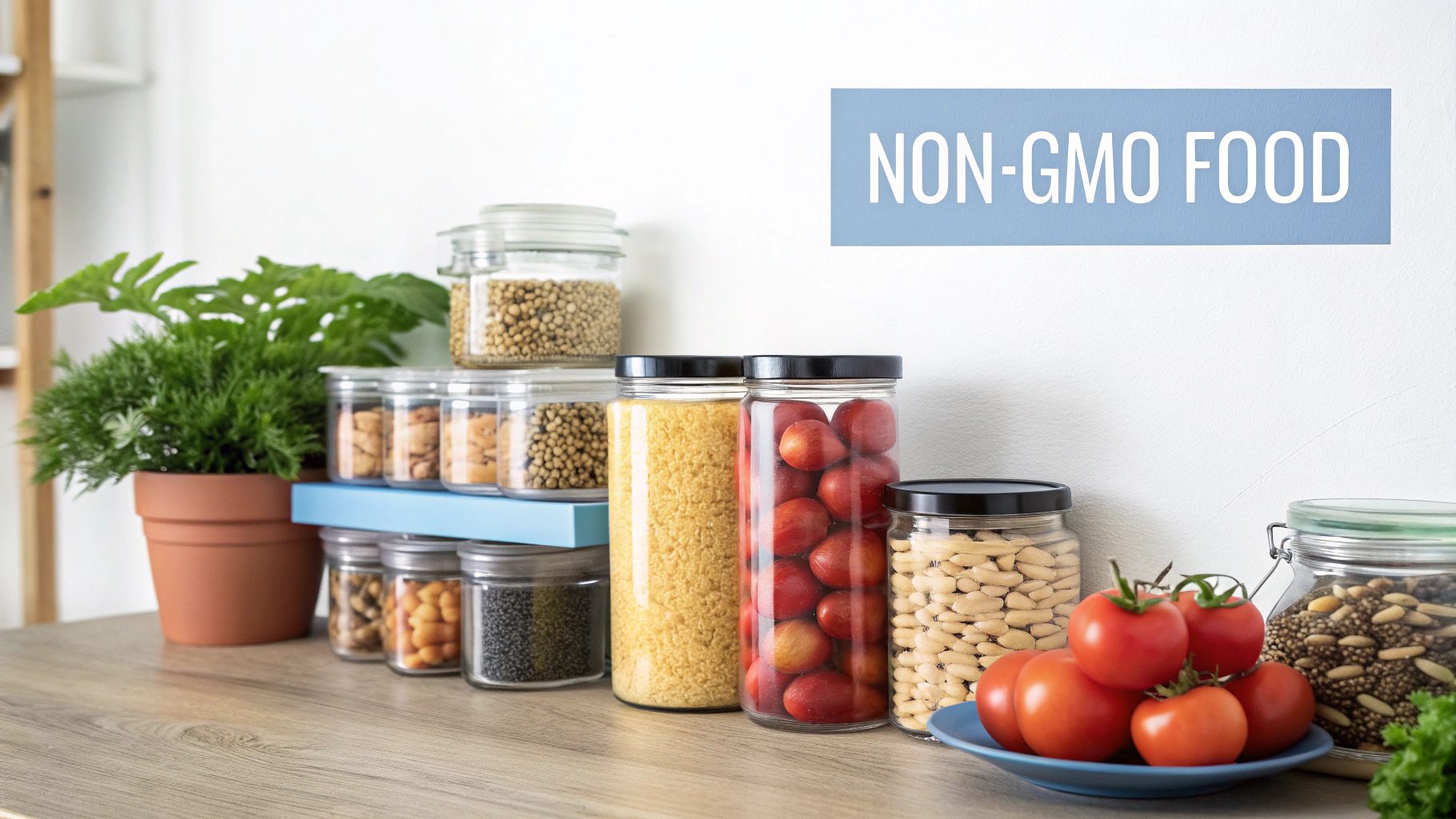 Healthy, colorful non-GMO foods like fruits and vegetables spread out on a wooden table.