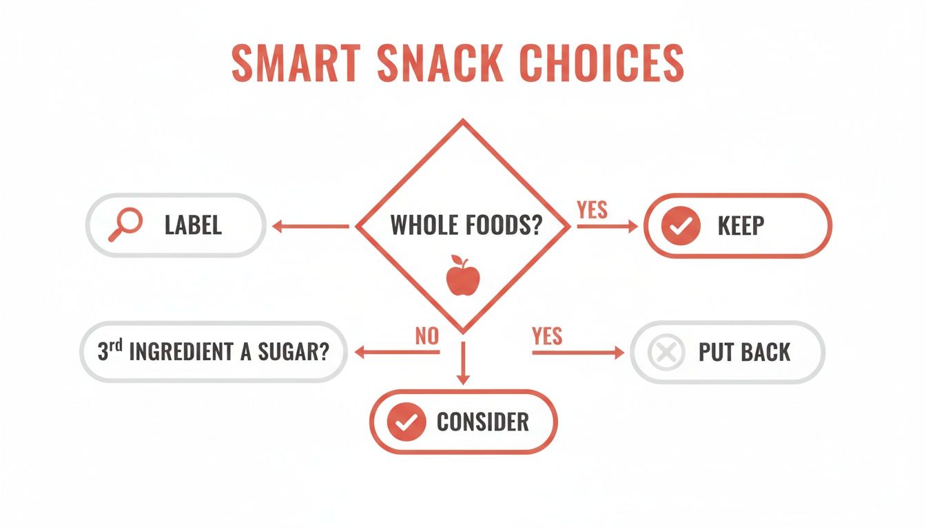 Flowchart for smart snack choices, guiding users to keep, consider, or put back based on whole foods and sugar content.