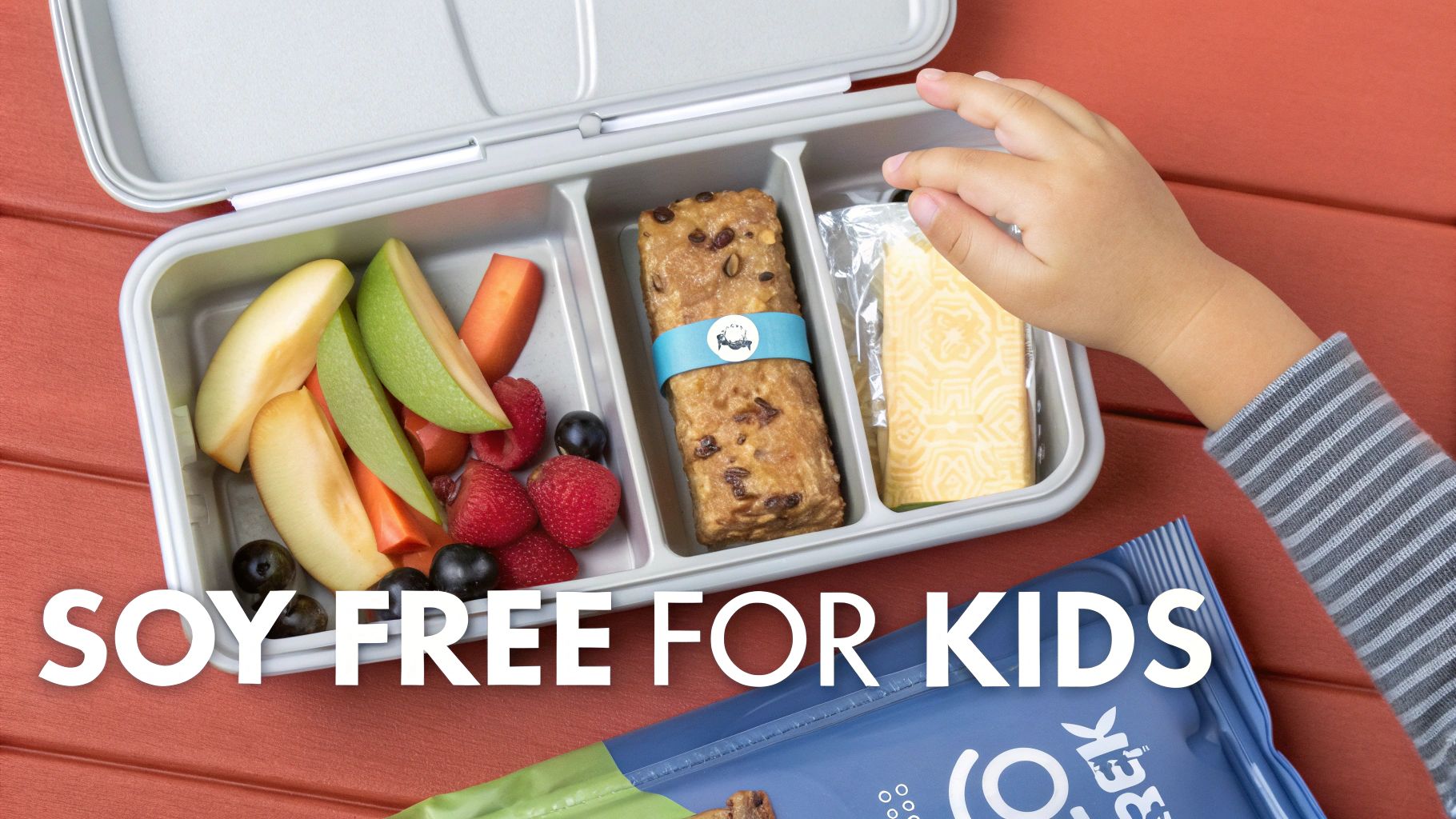 Child's hand reaching into a soy-free kids lunchbox filled with fruit, carrot sticks, protein bar, and cheese.