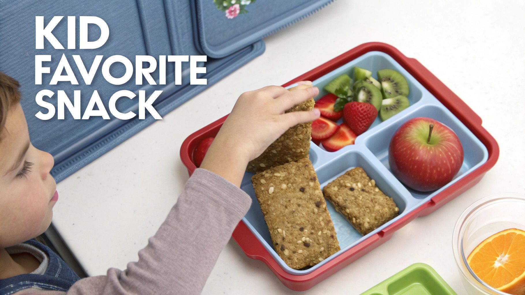 A smiling child happily eating a vegan protein bar in a sunny park setting.