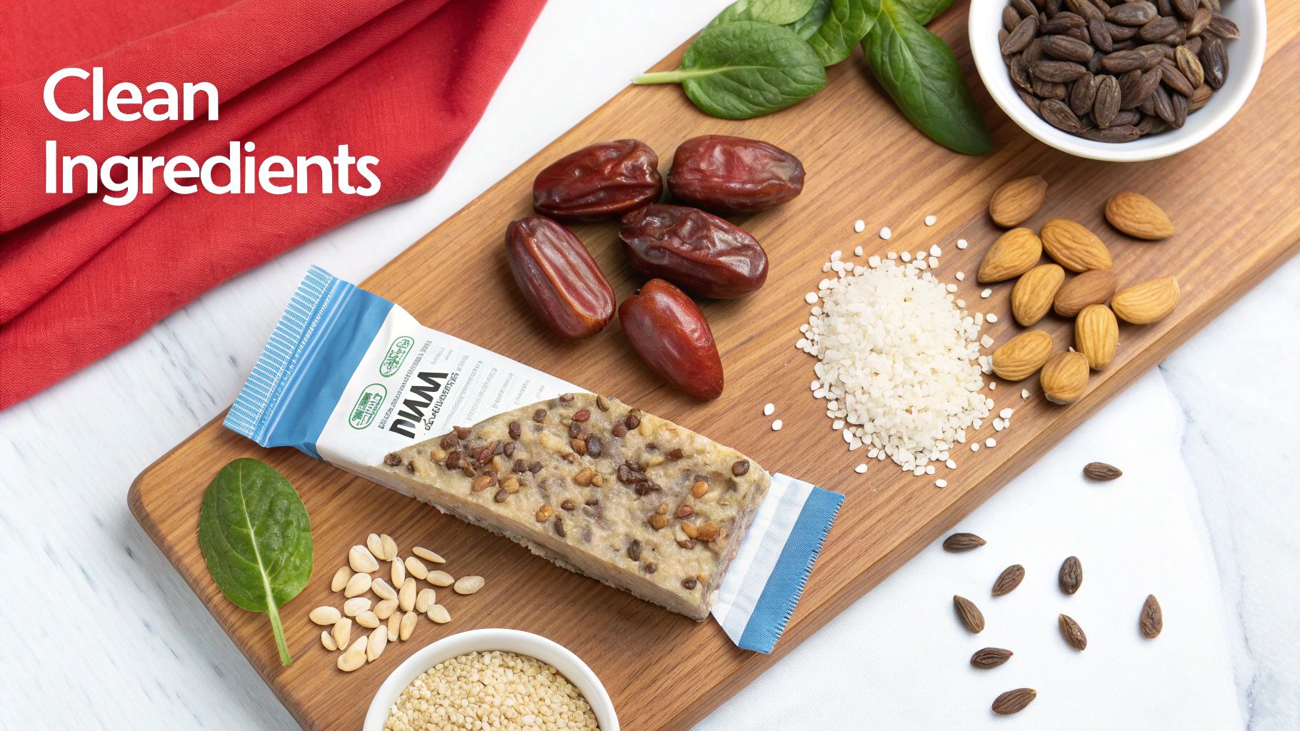 A natural protein bar displayed with its wholesome ingredients, including dates, almonds, and spinach.