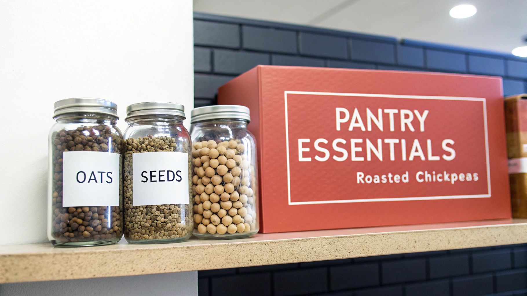 Three glass jars labeled 'OATS' and 'SEEDS' sit on a shelf next to a 'PANTRY ESSENTIALS' box of roasted chickpeas.