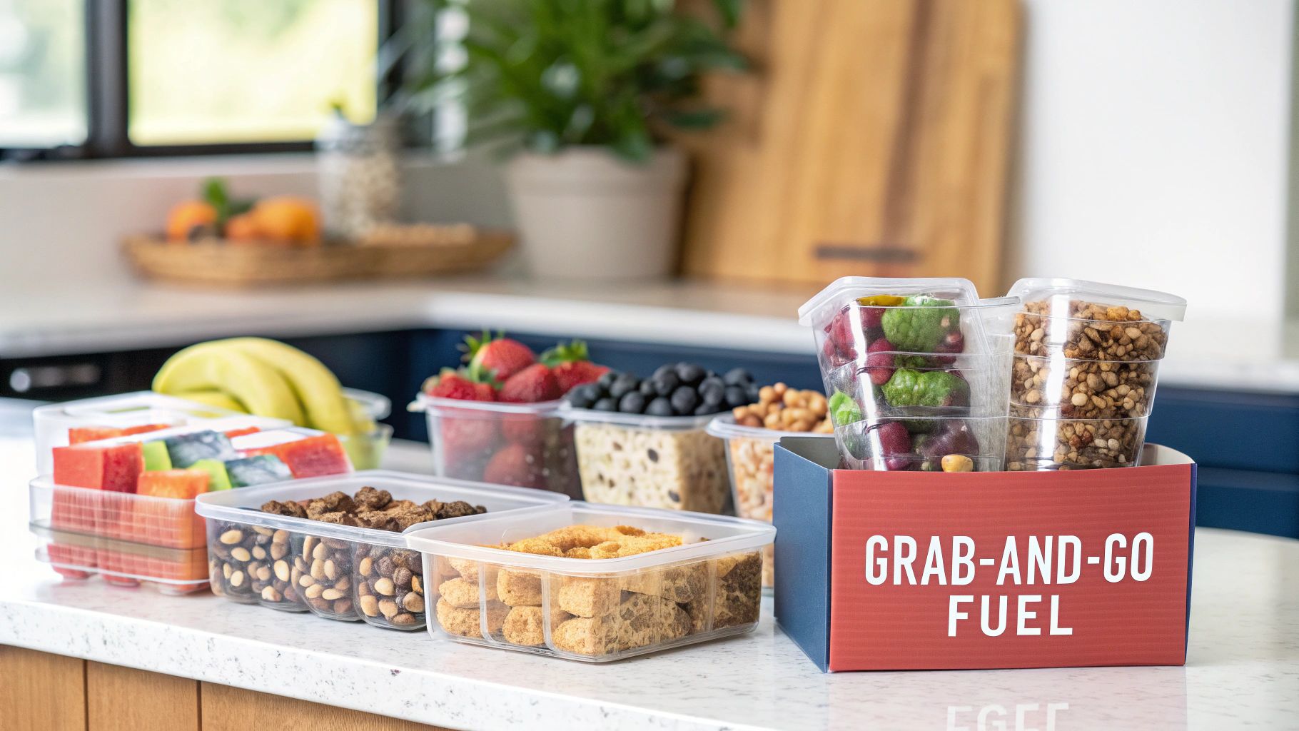 A collection of healthy grab-and-go snacks like snack bars, cookies, and roasted chickpeas arranged on a wooden surface.