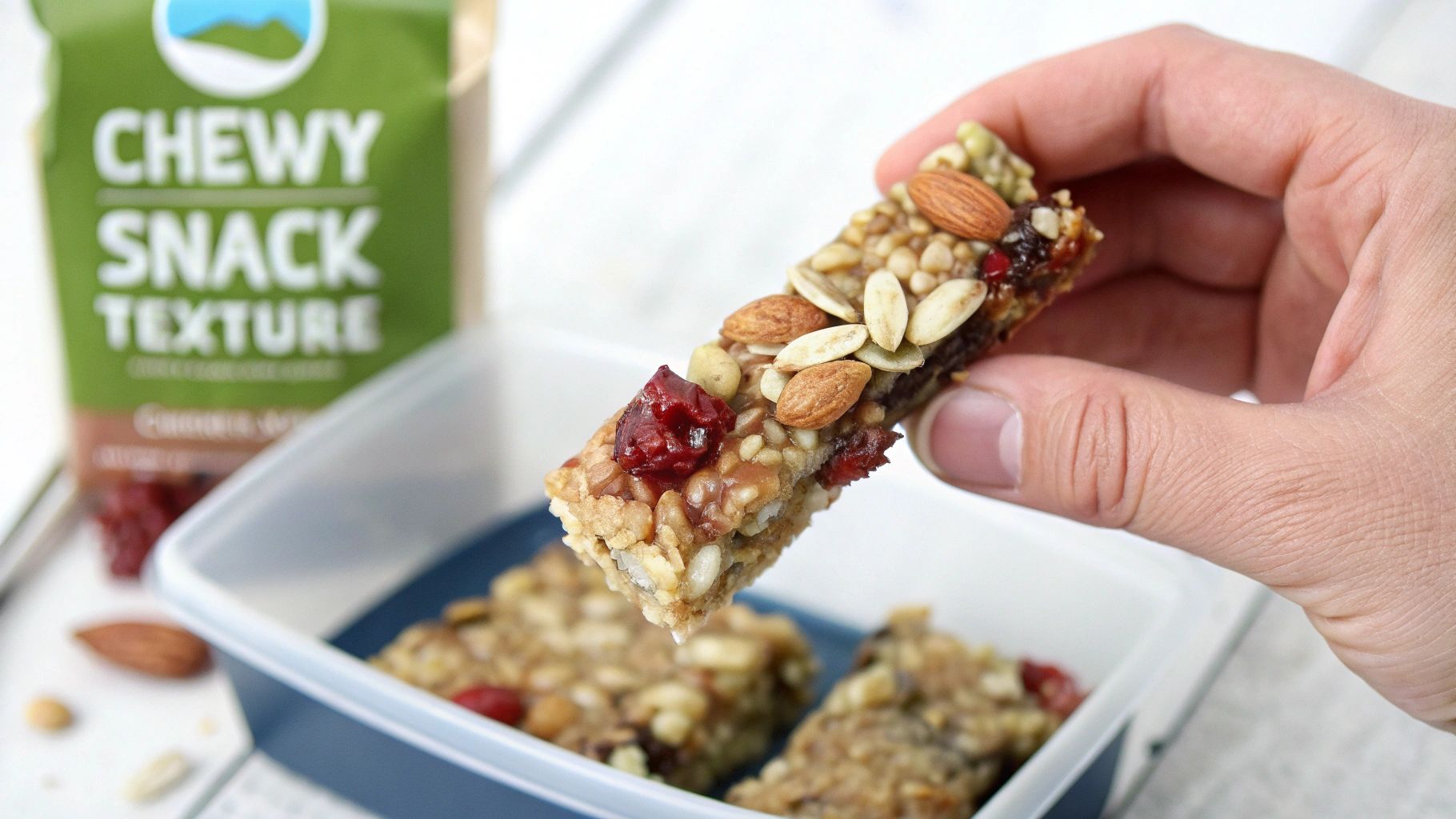 A hand holds a chewy granola bar with almonds and cranberries over a container of more bars and a snack bag.