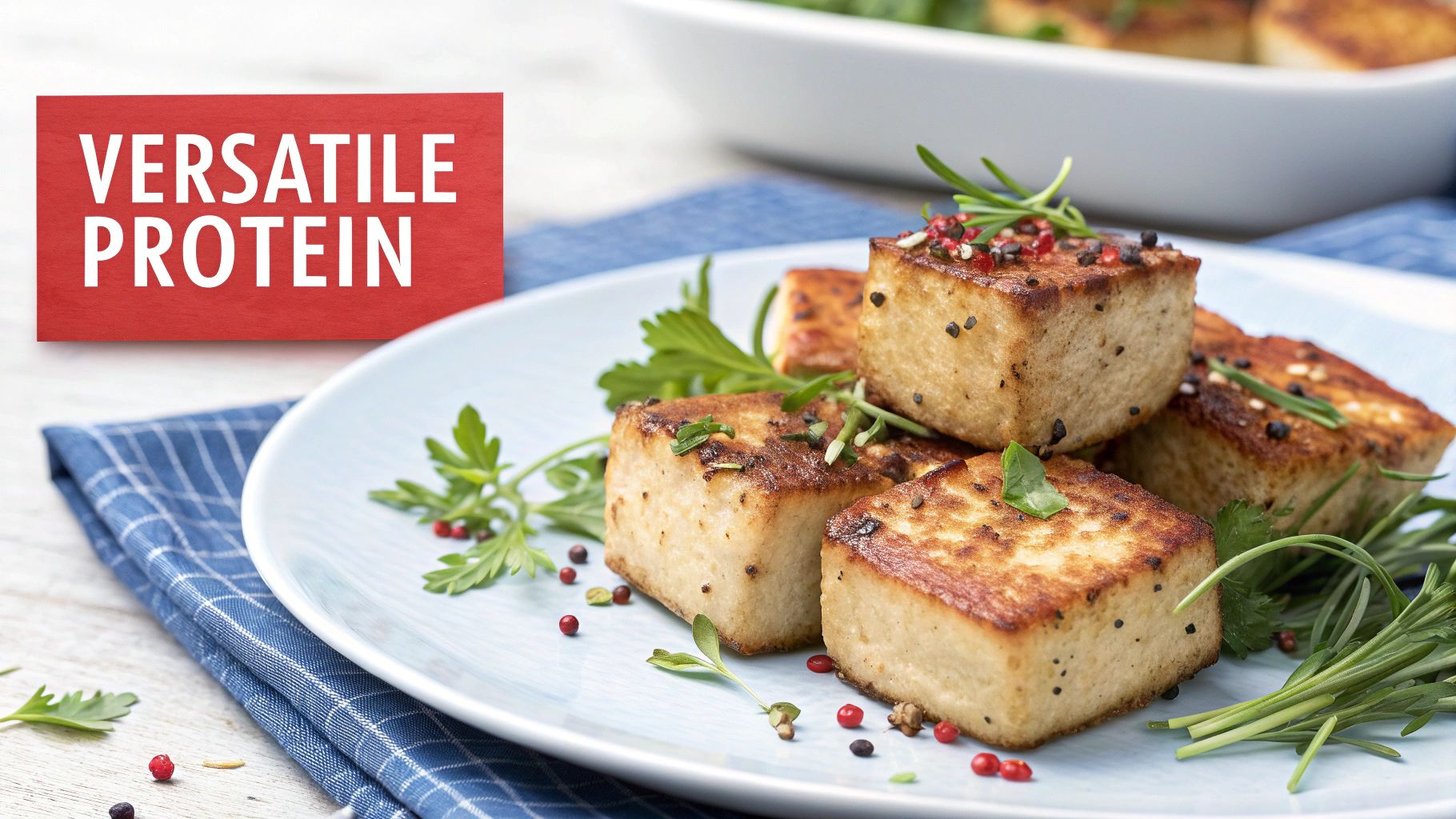 A block of firm tofu on a wooden cutting board, surrounded by fresh herbs and spices.