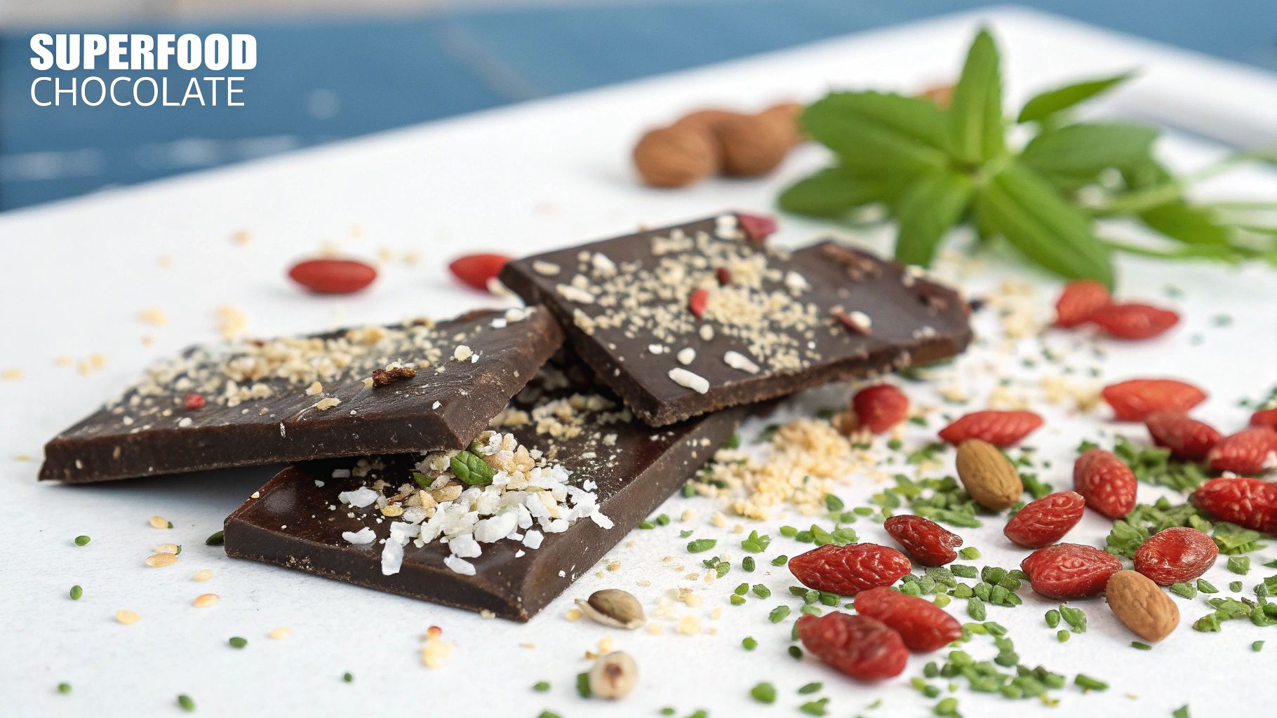 Delicious superfood chocolate bark pieces with goji berries, almonds, and various sprinkles on a white surface.